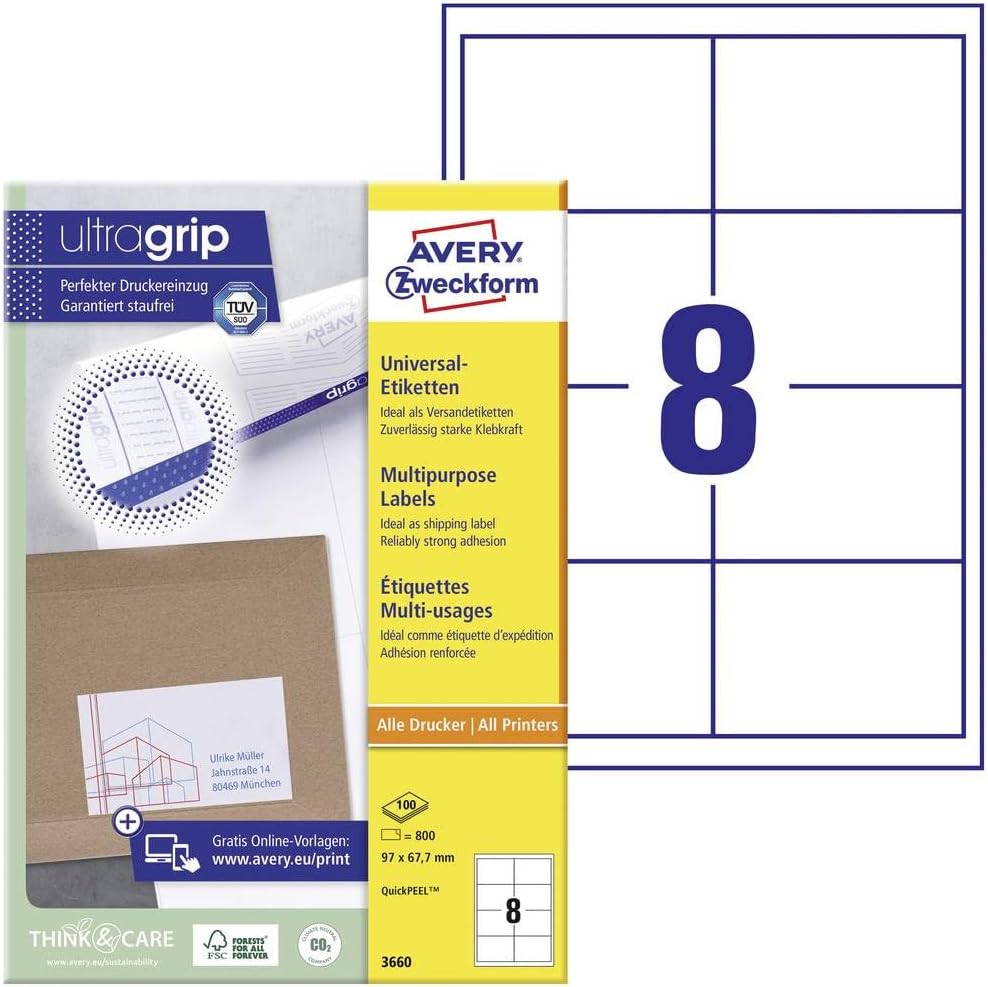 Detalle de AVERY Zweckform 4782-65 Universal Etiketten — 97x67,7 mm, 520 Blatt + 120 Etiketten, UltraGrip Rückseite