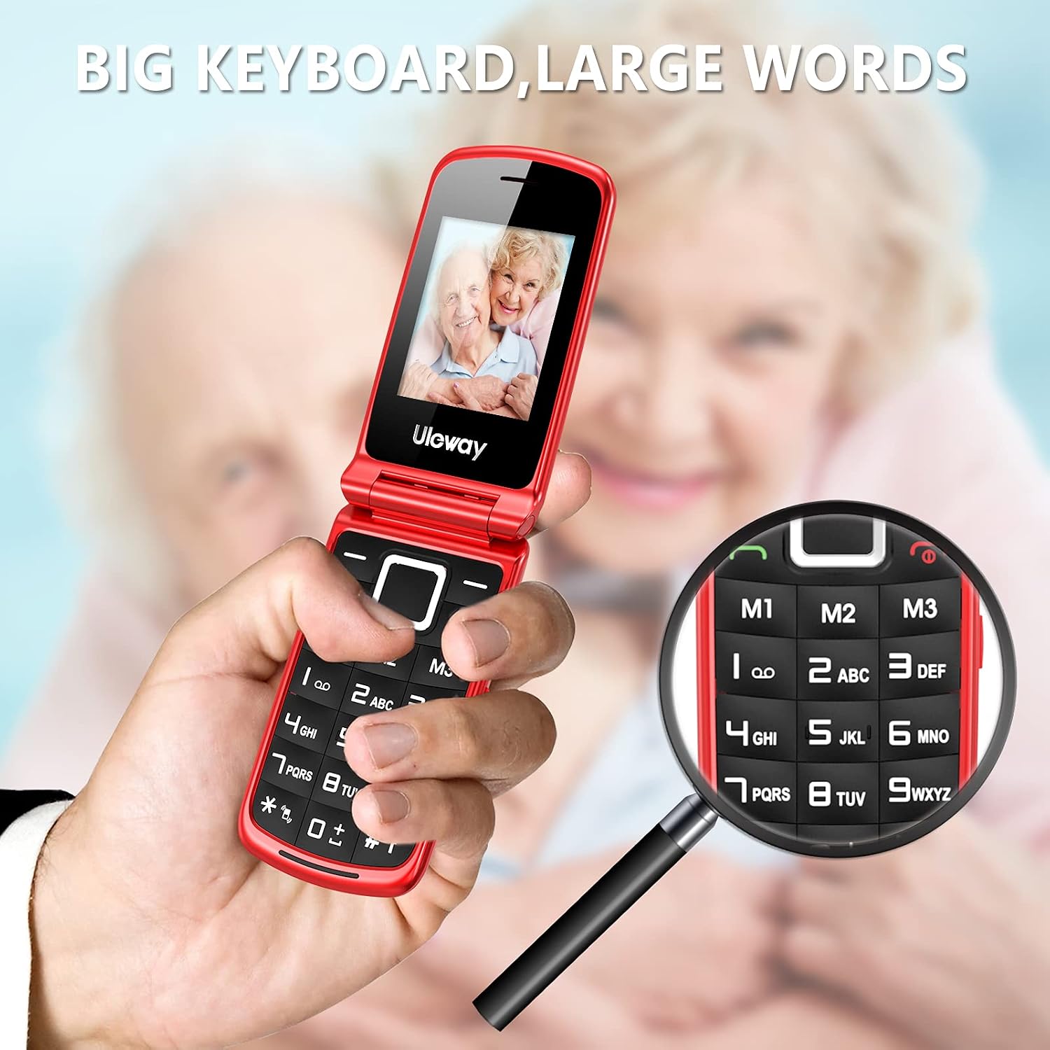 Detalle 2 de CHAKEYAKE G380D Senior flip mobile phone with big buttons, dual-colour displays, SOS and 1000mAh battery (Red)