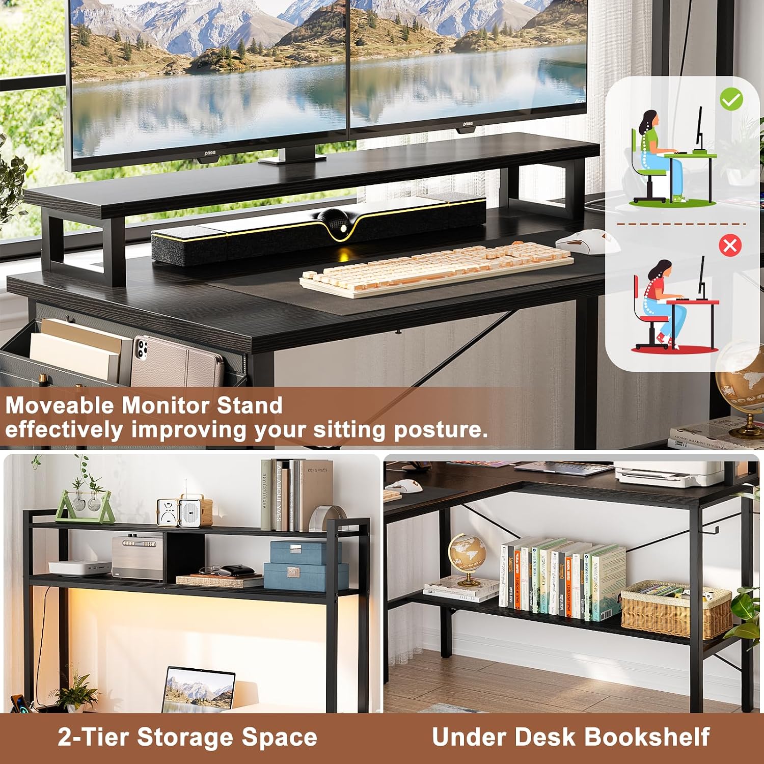Detalle de iSunirm L Shaped Gaming Desk with Power Outlets & LED Lights