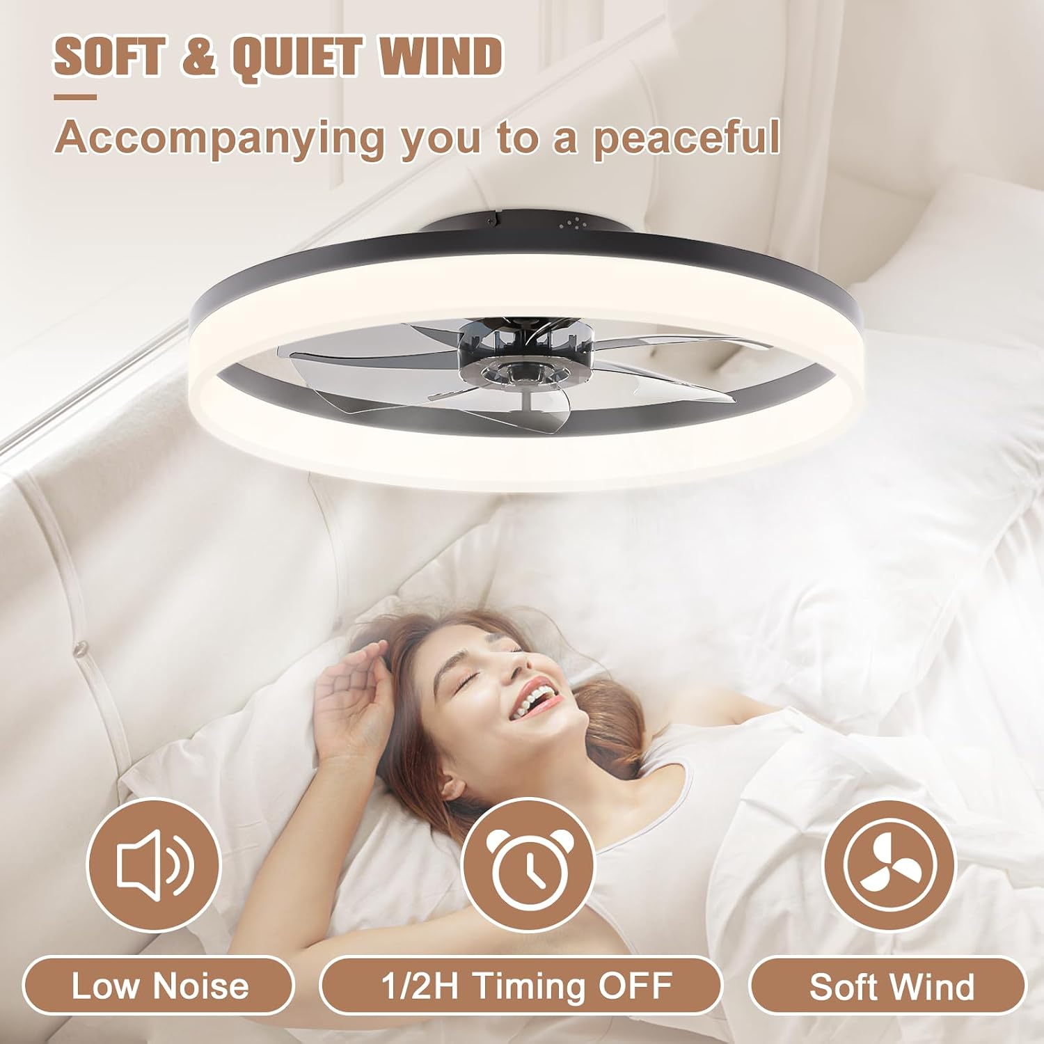 Detalle de VOLISUN 8225C-600 Ceiling Fan with Light, 23.6-Inch Black Flush Mount, Dimmable LED