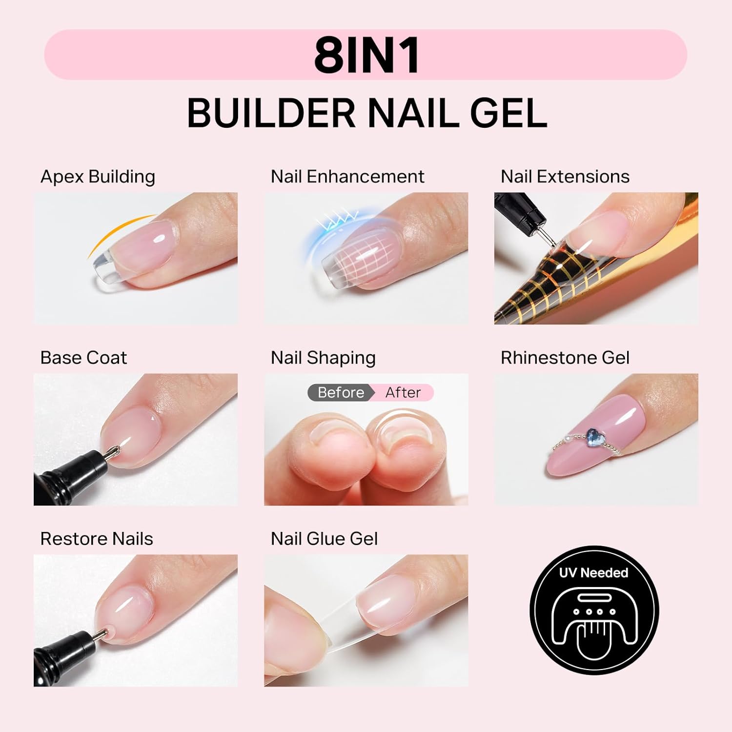 Detalle de Gel à Ongles Sculpture 3D MIZHSE – Kit 2 pièces (15 g) transparent, poudre chromée miroir et colle à strass
