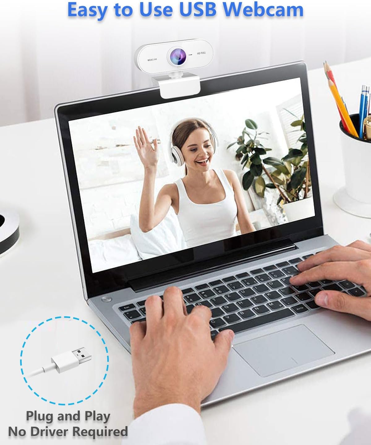 Detalle de Kouric 1080p Webcam with Microphone for PC and Mac – USB-C Plug & Play, 180° Tilt, 360° Rotating Clip, White
