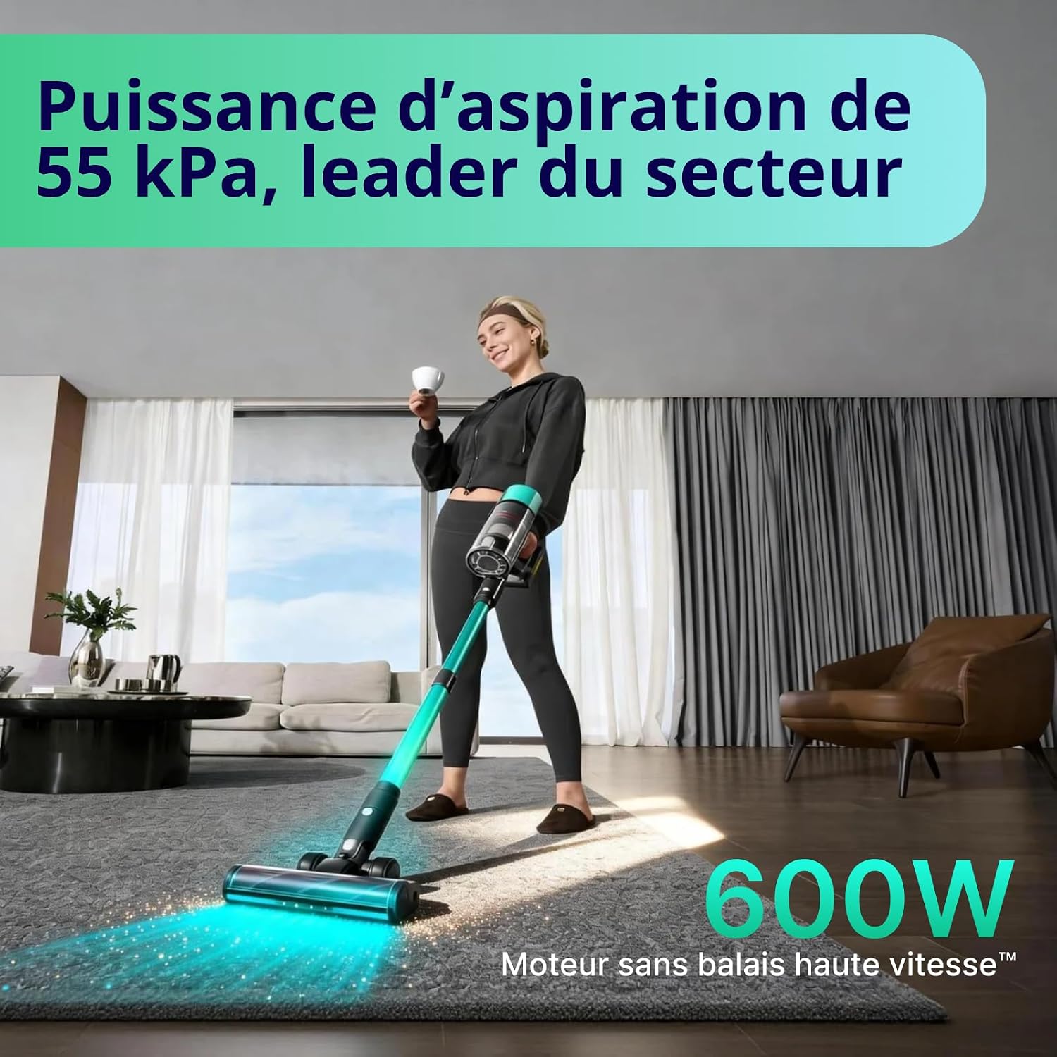 Detalle de SmartAI V5 Pro draadloze steelstofzuiger met 55 kPa, 600 W en slang van 1 m