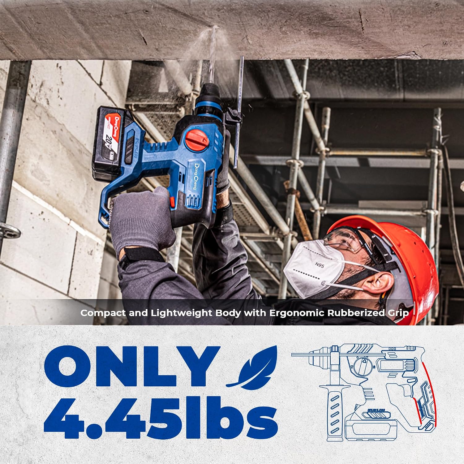Detalle de Dong Cheng 20V MAX Brushless Cordless Rotary Hammer Drill (22mm SDS-Plus), 4 Modes with 4.0Ah Battery