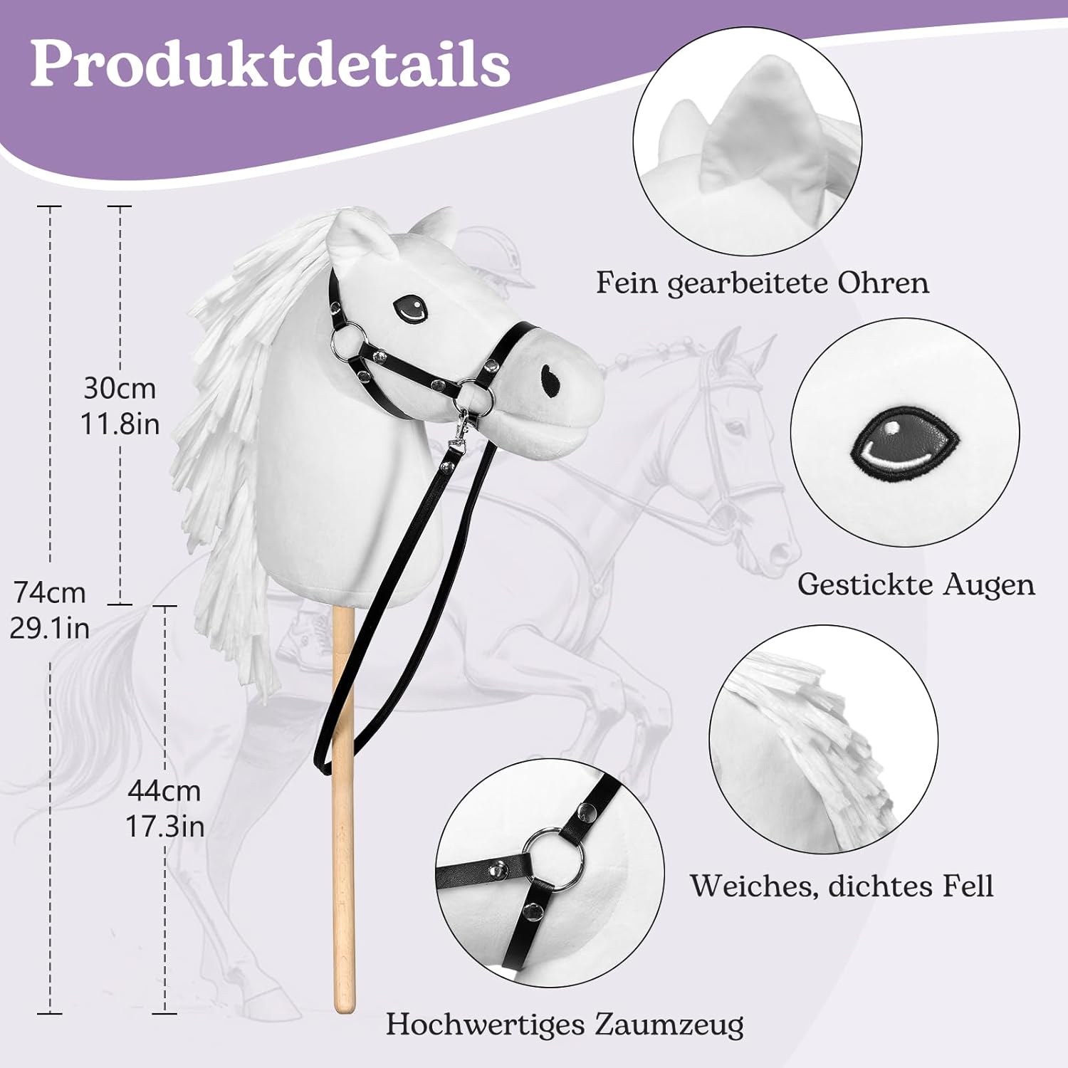 Thumbnail 2 de Bludrfnly Hobby Horse – Steckenpferd für Kinder mit Zaumzeug, Weiß