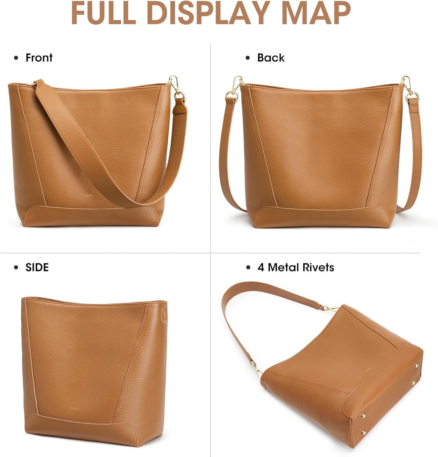 Thumbnail 5 de Kattee Top Grain Leather Bucket Handbag with Crossbody Strap (Medium Hobo Shoulder Bag)