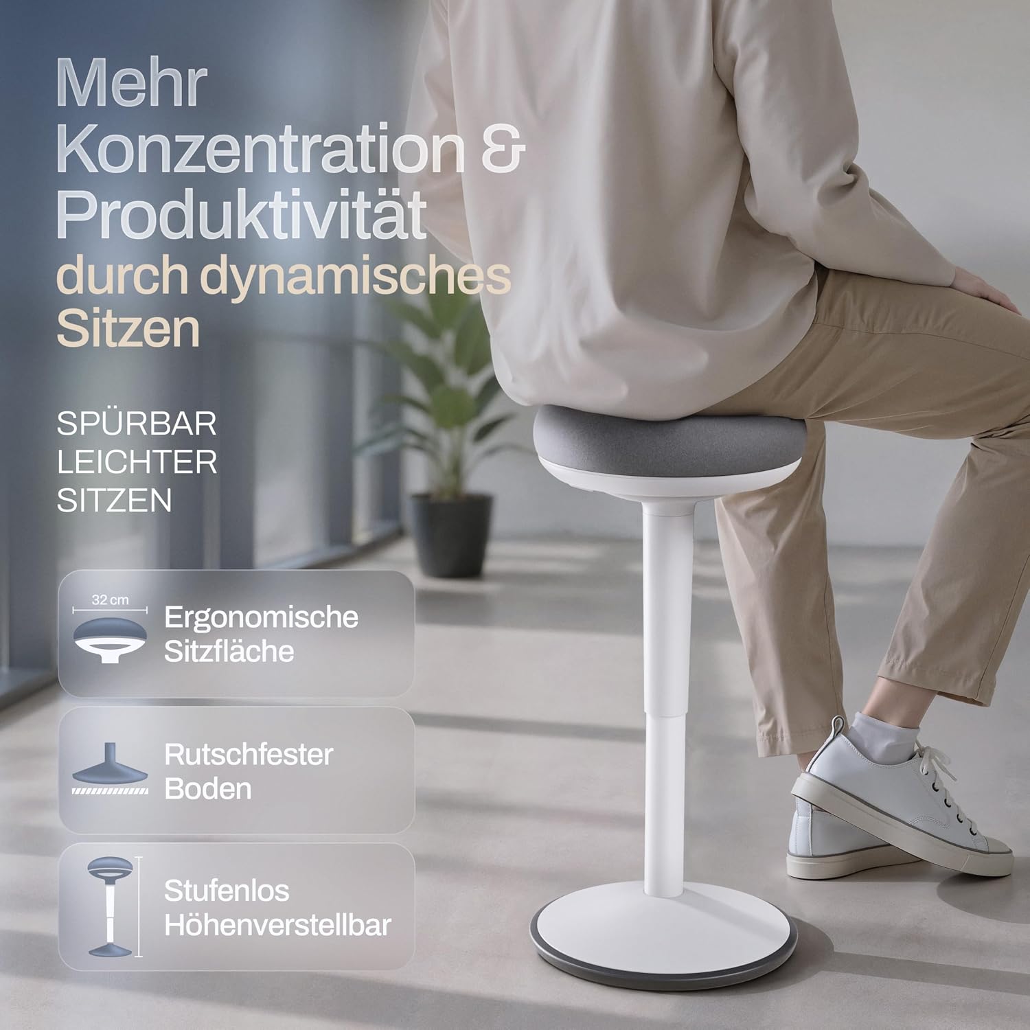 Detalle de Wohnperle ergonomischer Bürohocker 2in1 (Sitzhocker & Stehhocker), höhenverstellbar – zertifiziert