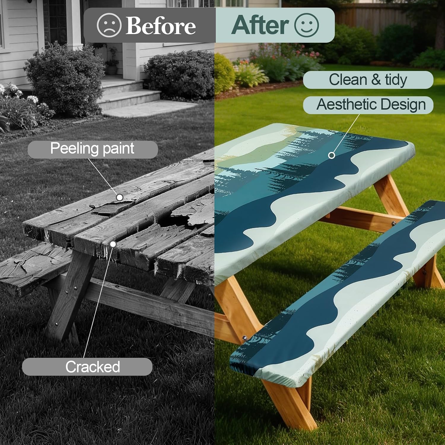 Thumbnail 4 de Picnic Table Cover with Bench Covers (96in, Green/Blue) – Waterproof, Windproof Outdoor Tablecloth Set