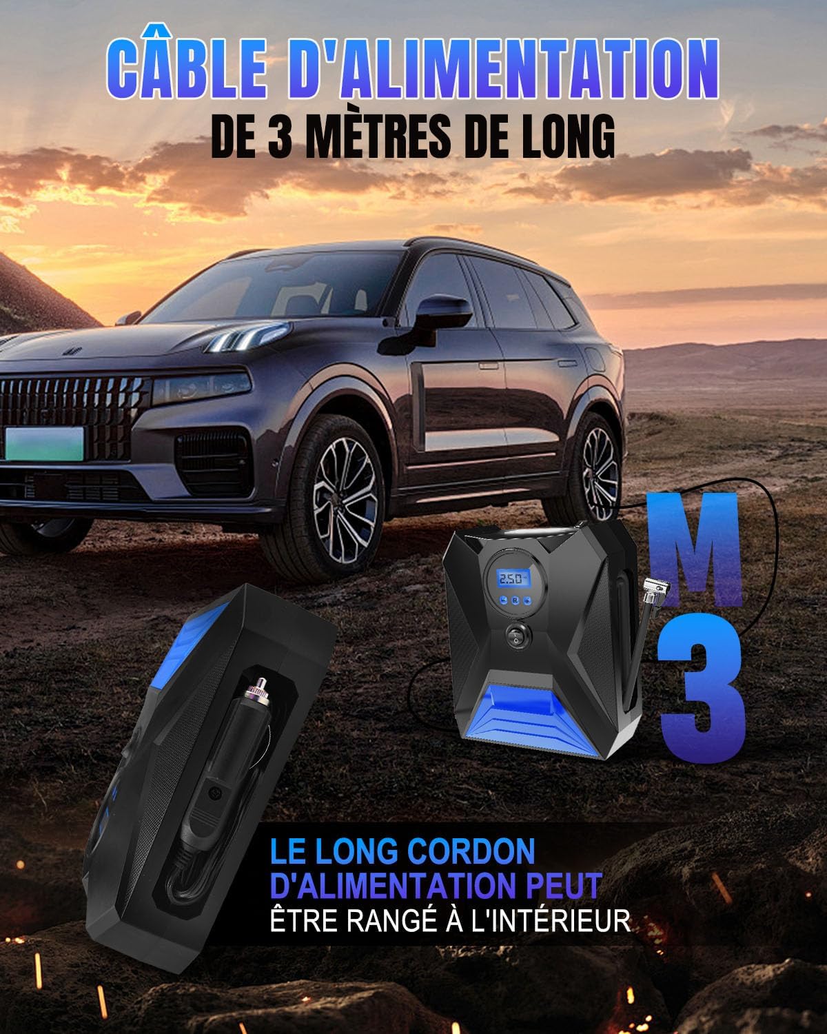 Detalle de Onalix Gonfleur Pneus Voiture Portable 12V – Gonflage rapide avec écran LCD et arrêt automatique (Bleu)