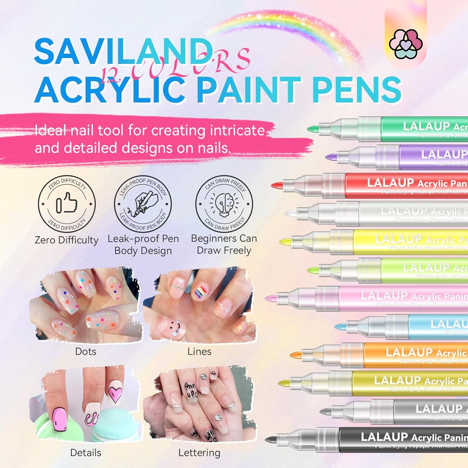 Thumbnail 1 de Saviland 12 Colors Nail Art Pens Set – 3D Nail Polish Pens for Nail Art, Acrylic Paint Pens, Nail Markers