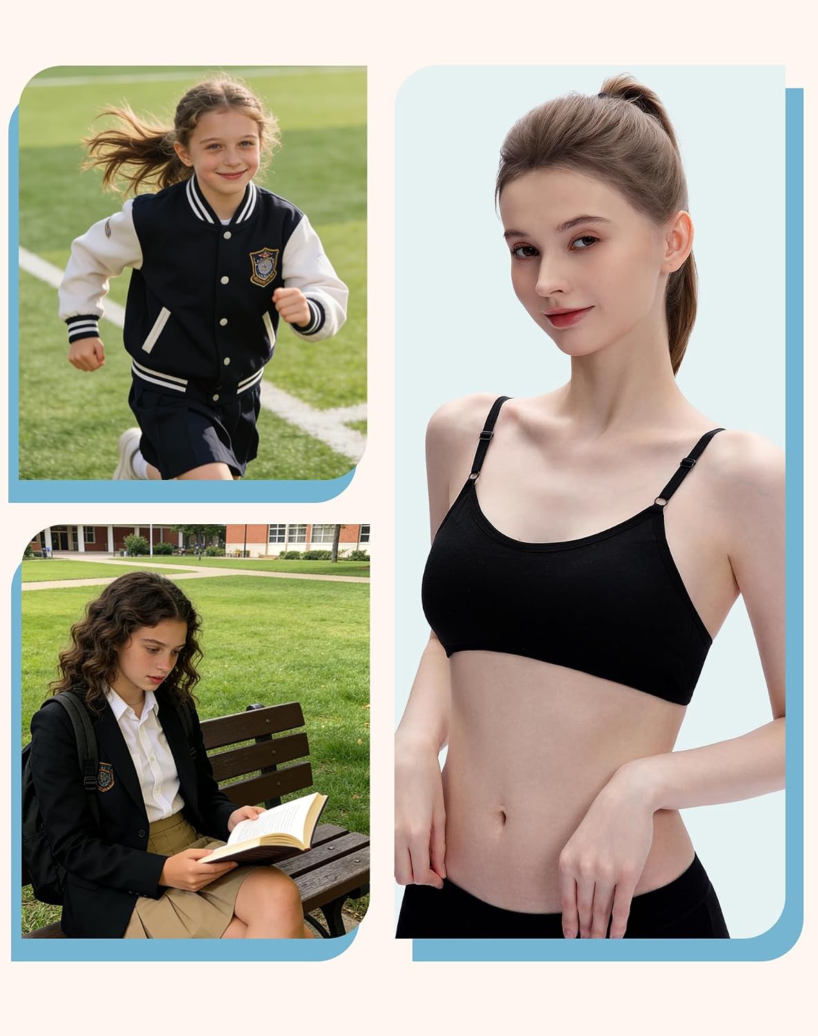 Detalle 2 de INNERSY sport-bh för flickor, bomull, bygelös med fast vaddering, 3-pack