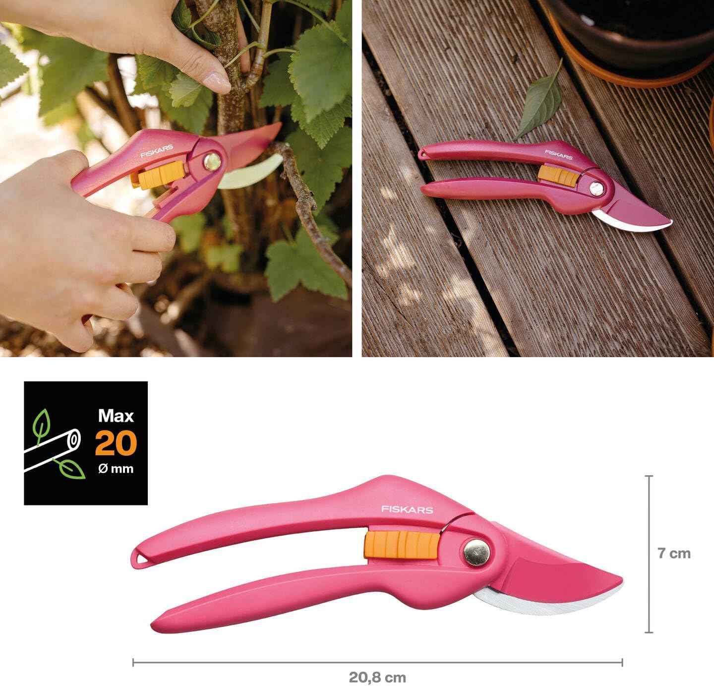 Detalle de Fiskars Bypass-Gartenschere 20 cm – Antihaft, Karbonstahl, pink/orange (Modell P26, 1003657)