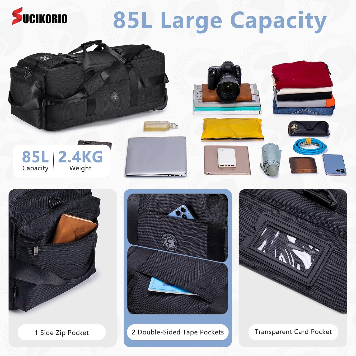 Detalle 2 de SUCIKORIO Sac de voyage à roulettes 85L 3 en 1 (cabine avion) avec organisateur