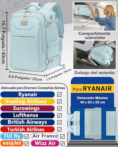 Detalle 2 de LYNXCHER Mochila de cabina para avión 40x20x25 cm (compatibilidad estilo Ryanair) con espacio para portátil de 14” y 20 L, celeste