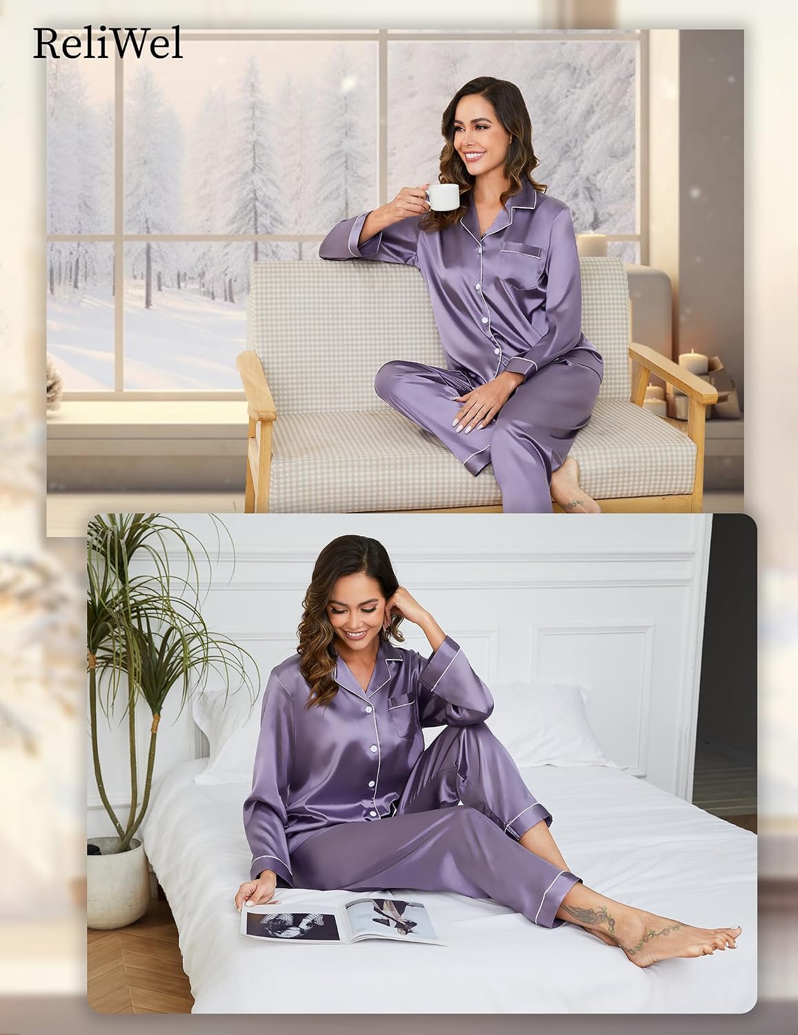 Thumbnail 1 de Reliwel satijnen damespyjama met V-hals, knoopsluiting en elastische taille