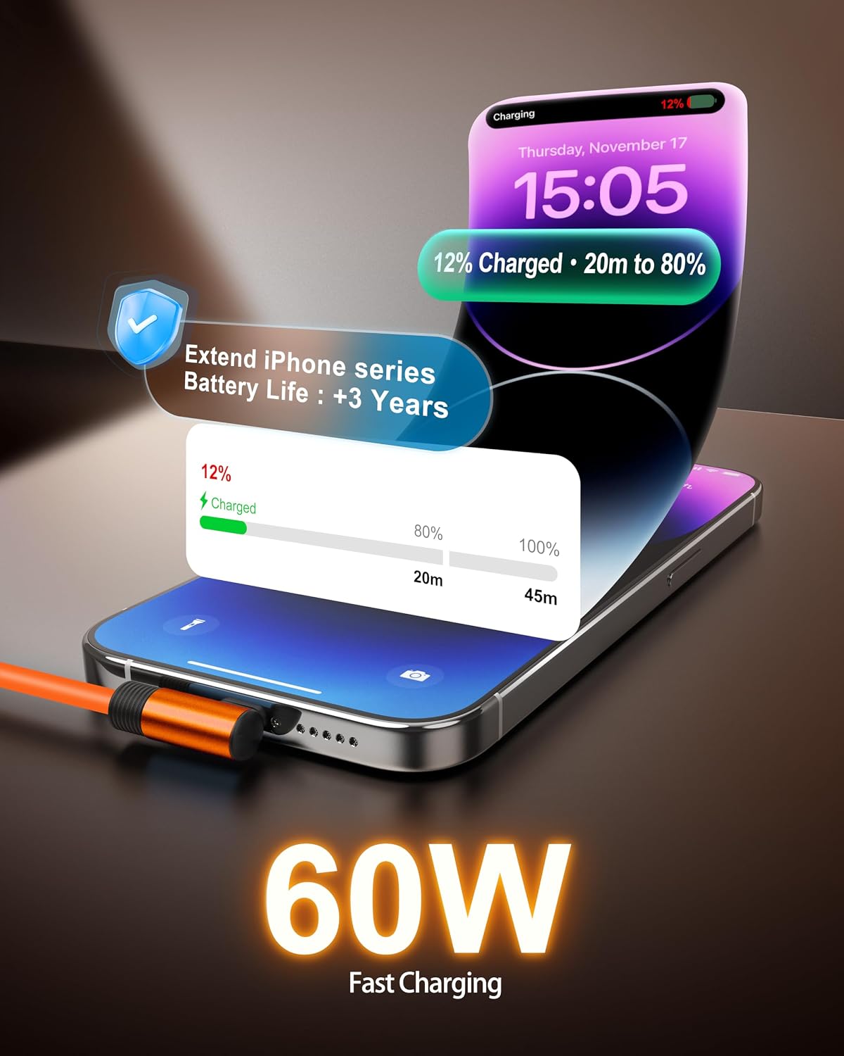 Detalle de COOLSELL Silicone Short USB-C Cable (90 Degree) – 60W fast charging, USB 2.0 data sync, 15cm
