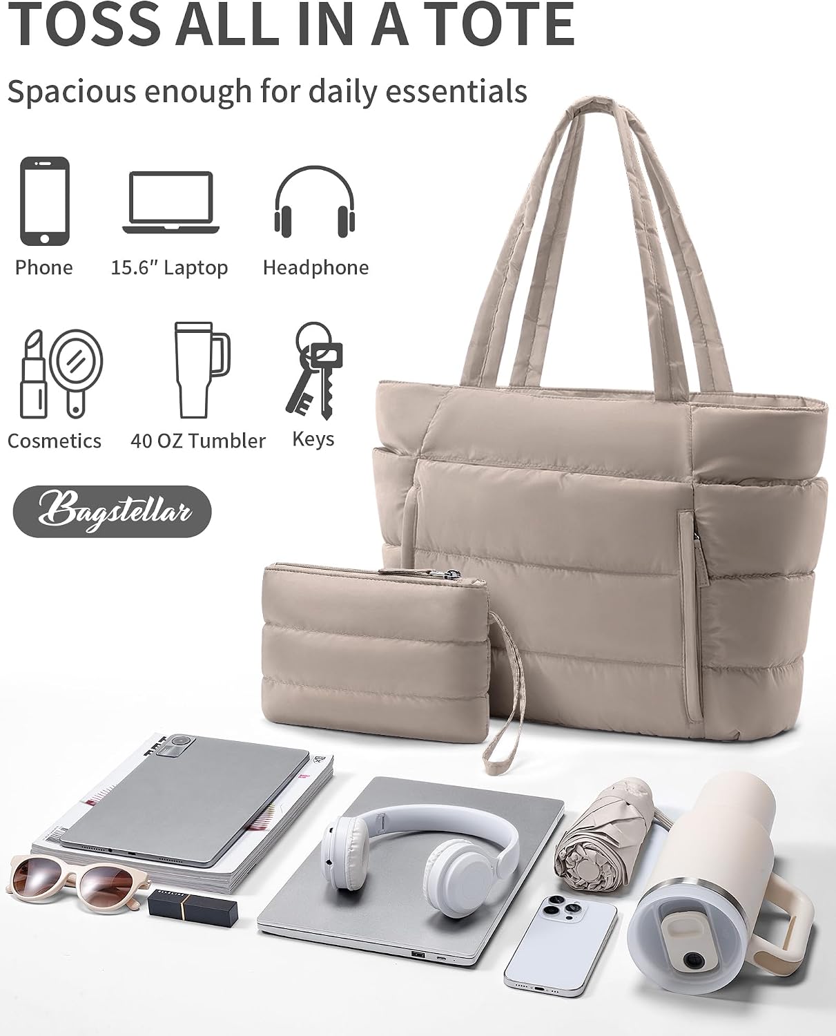 Thumbnail 6 de Bagstellar Puffer Tote Bag, 20L Quilted Work Tote with 15.6-Inch Laptop Sleeve