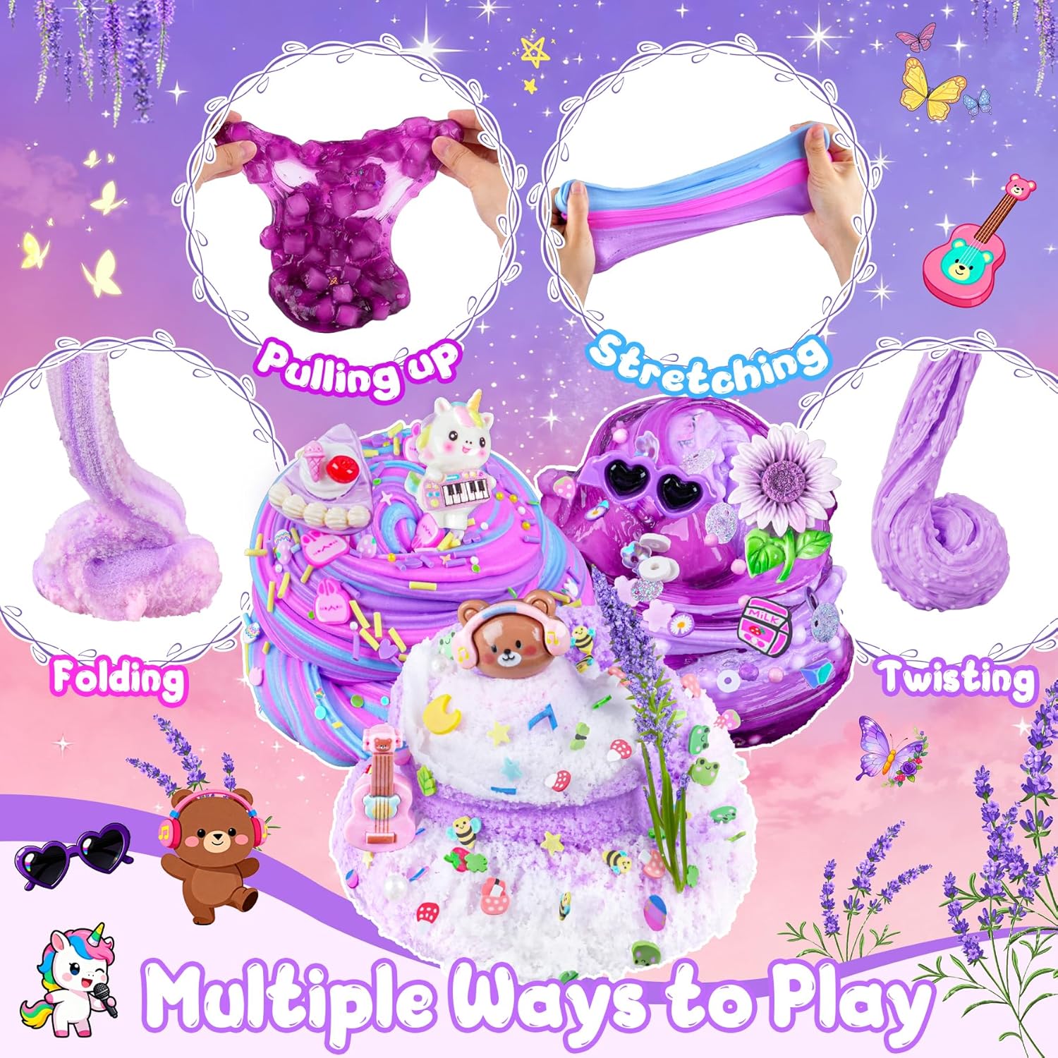 Thumbnail 2 de LAWOHO 6-Pack Purple Lavender Slime Kit (Cloud, Clear & Butter Slimes) with Charms & Add-ins