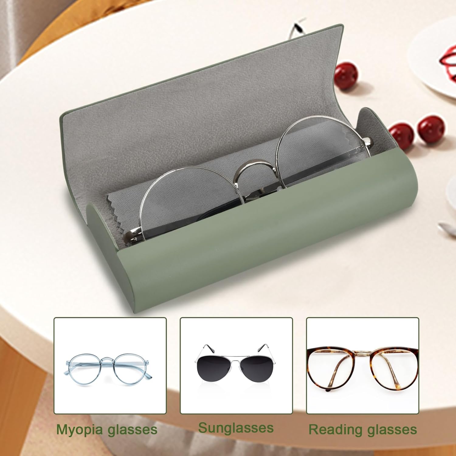 Detalle de Aohyue Étui Lunettes en Cuir PU Vert – Boîte à Lunette Magnétique Rigide