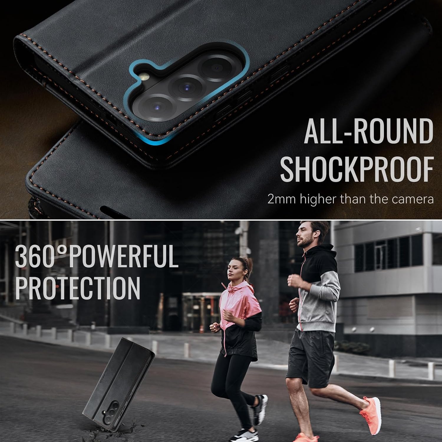 Detalle 2 de Lonjanfon Coque Samsung Galaxy A36 5G cuir PU premium avec blocage RFID, porte-cartes et support magnétique – Noir
