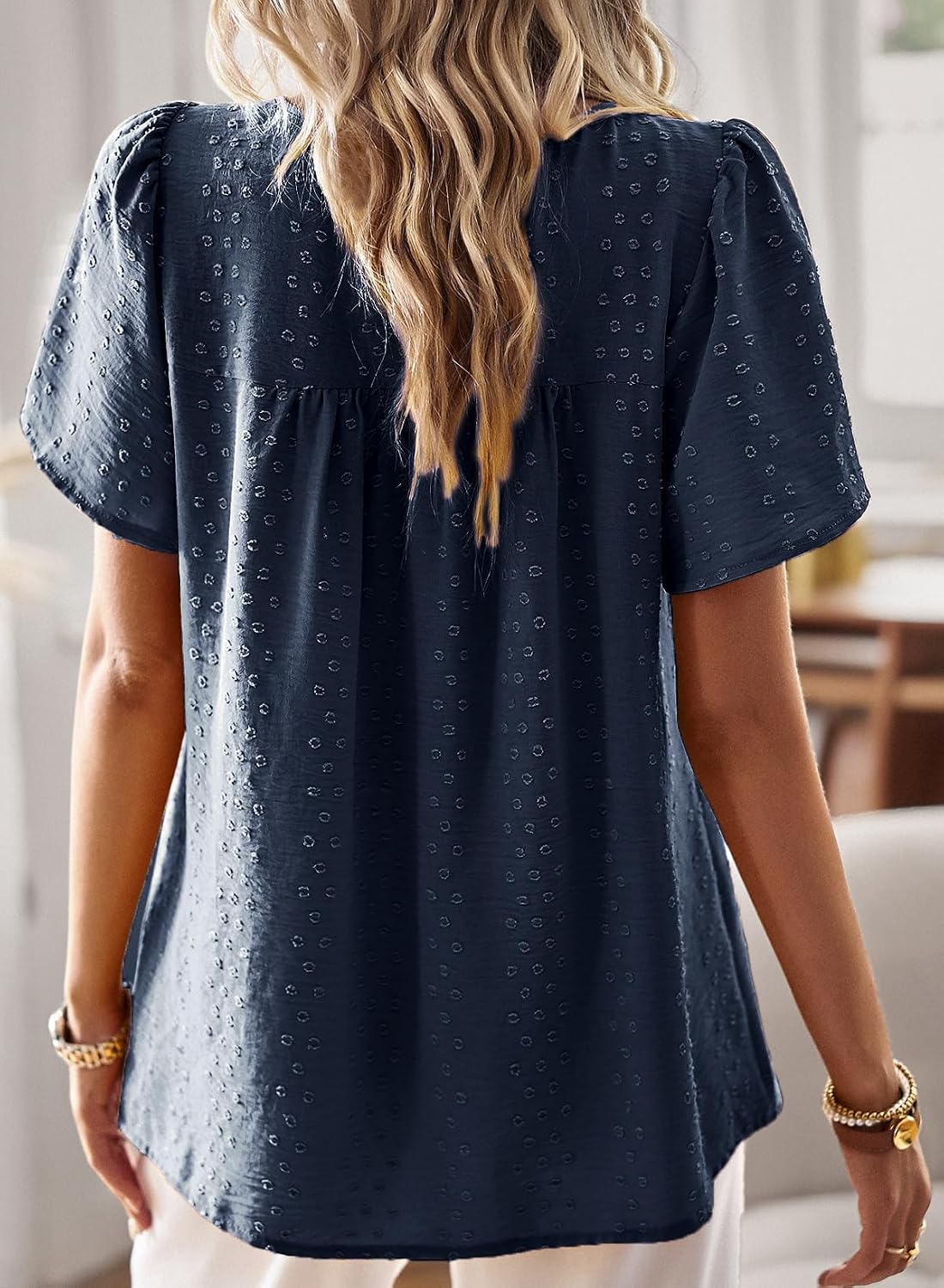 Detalle de Falechay Women's Swiss Dot Crochet Lace Tunic Top, Short Sleeve