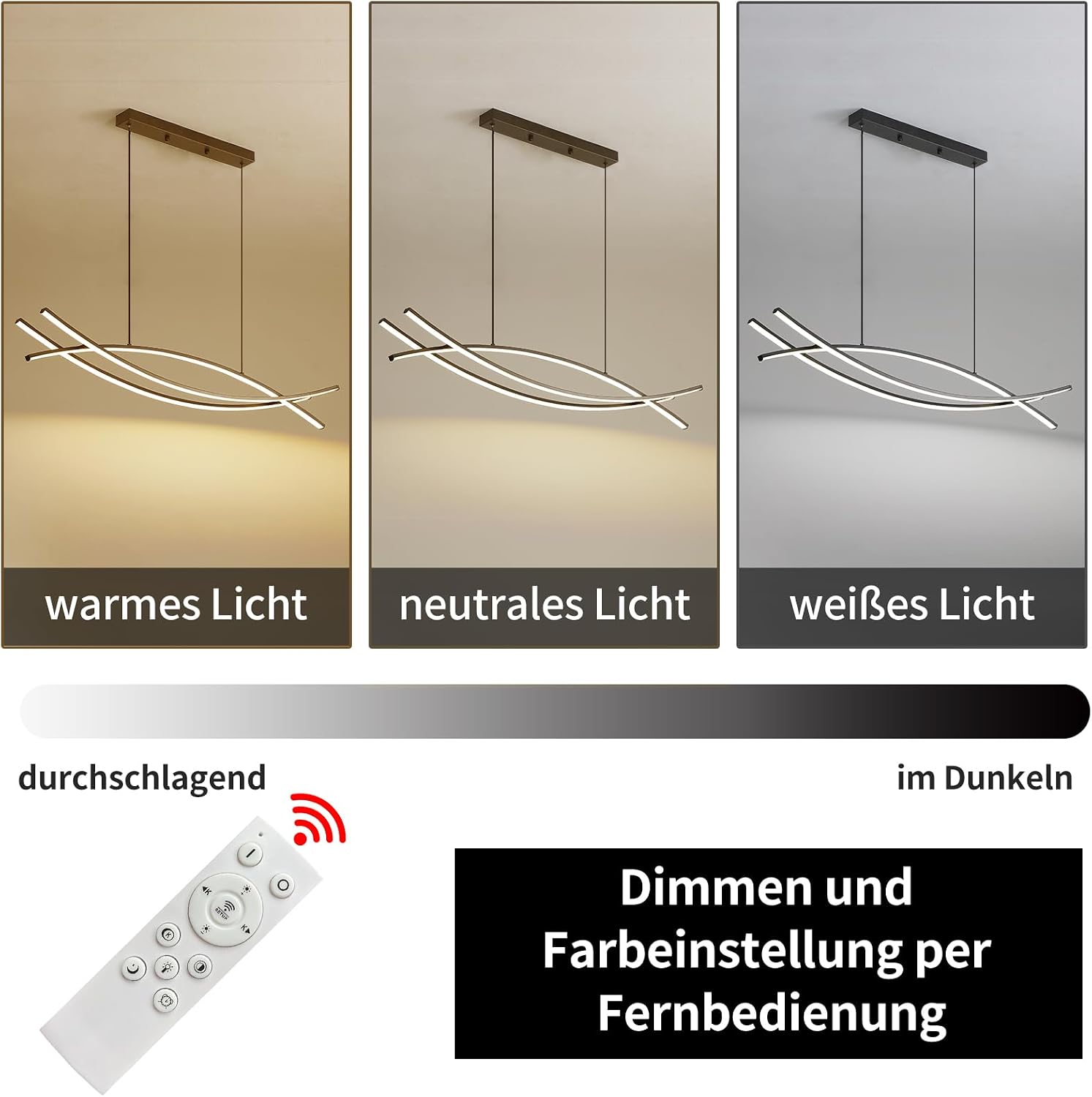 Detalle de Mikeru 120 cm verstellbare Pendelleuchte in Schwarz mit LED, 3000/4500/6000 K und Dimmung