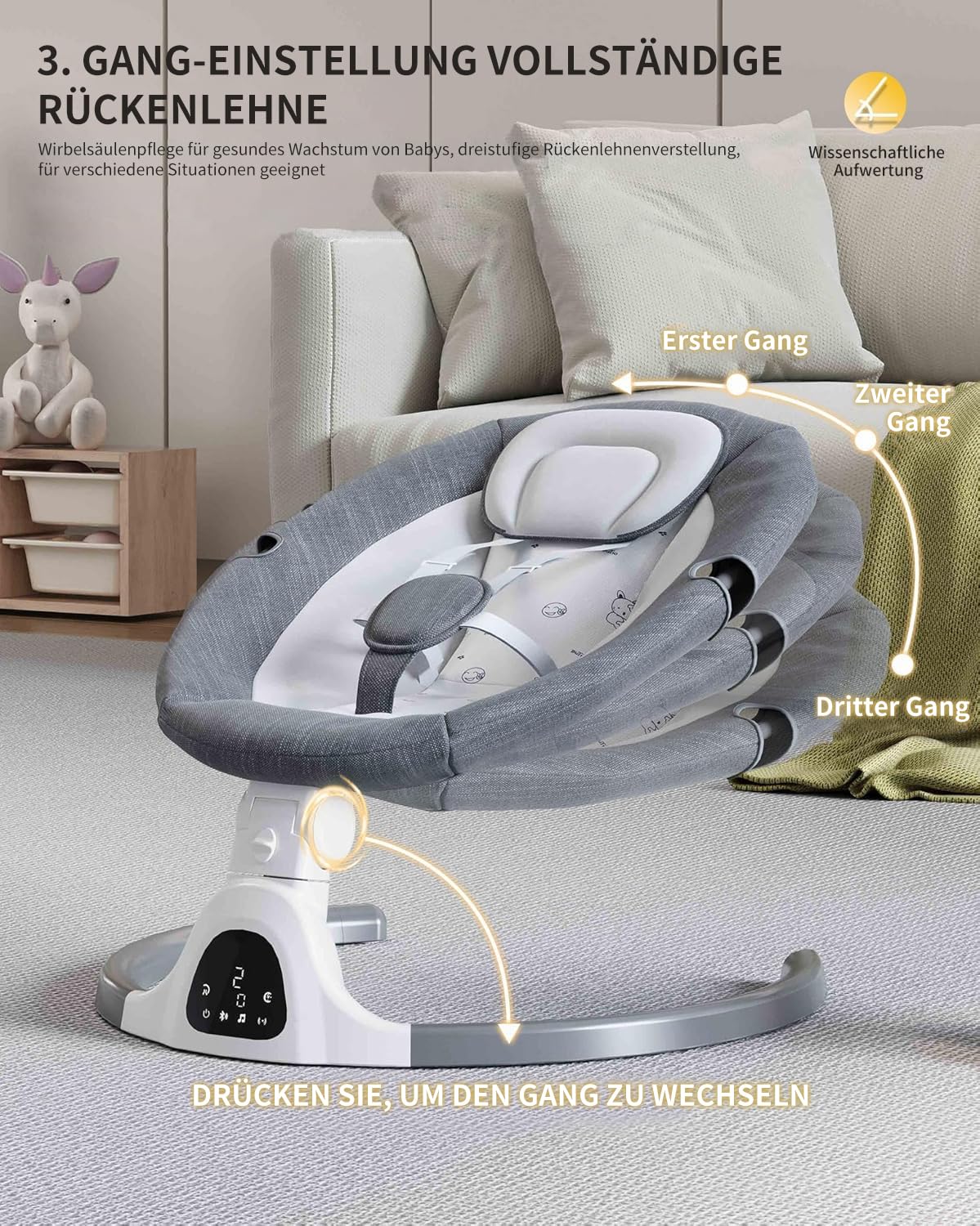 Detalle de Bluetooth-Baby-Schaukel für Säuglinge – 5 Geschwindigkeiten, 12 Schlaflieder, Bluetooth- & USB-Verbindung