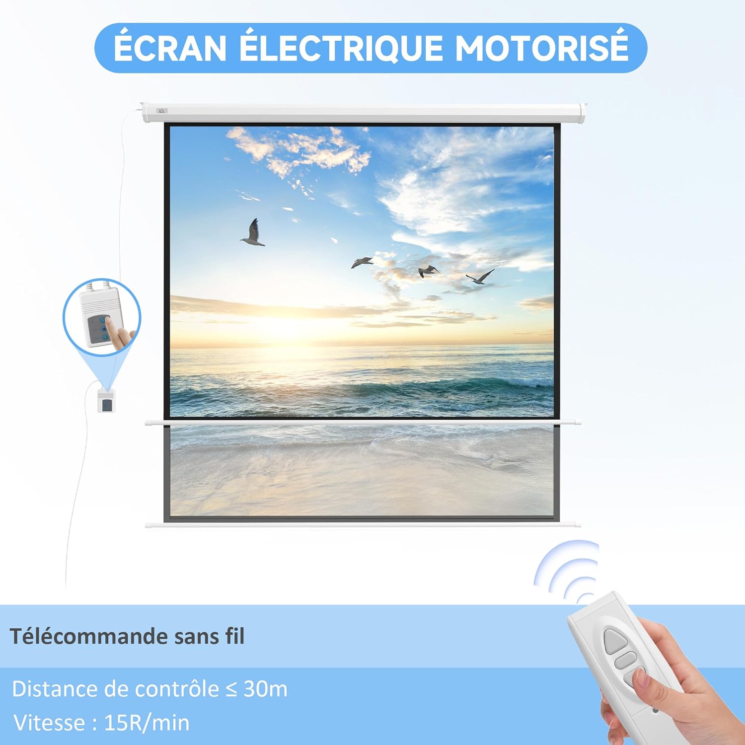 Thumbnail 2 de HOMCOM Écran vidéoprojecteur motorisé 96 pouces (format 1:1) 4K HD – montage mural ou plafond