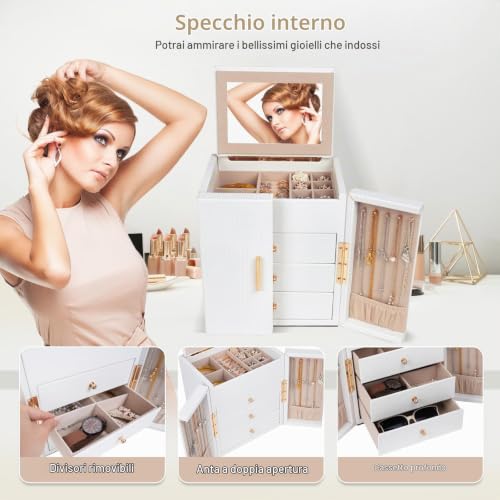 Detalle 2 de Dajasan portagioie a 4 livelli con specchio, 3 cassetti e doppie ante, bianco