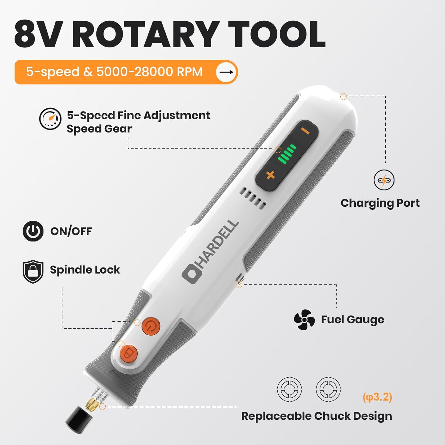 Detalle 2 de HARDELL 8V Cordless Rotary Tool, 5 Speeds, 42 Accessories and LED Ring Light