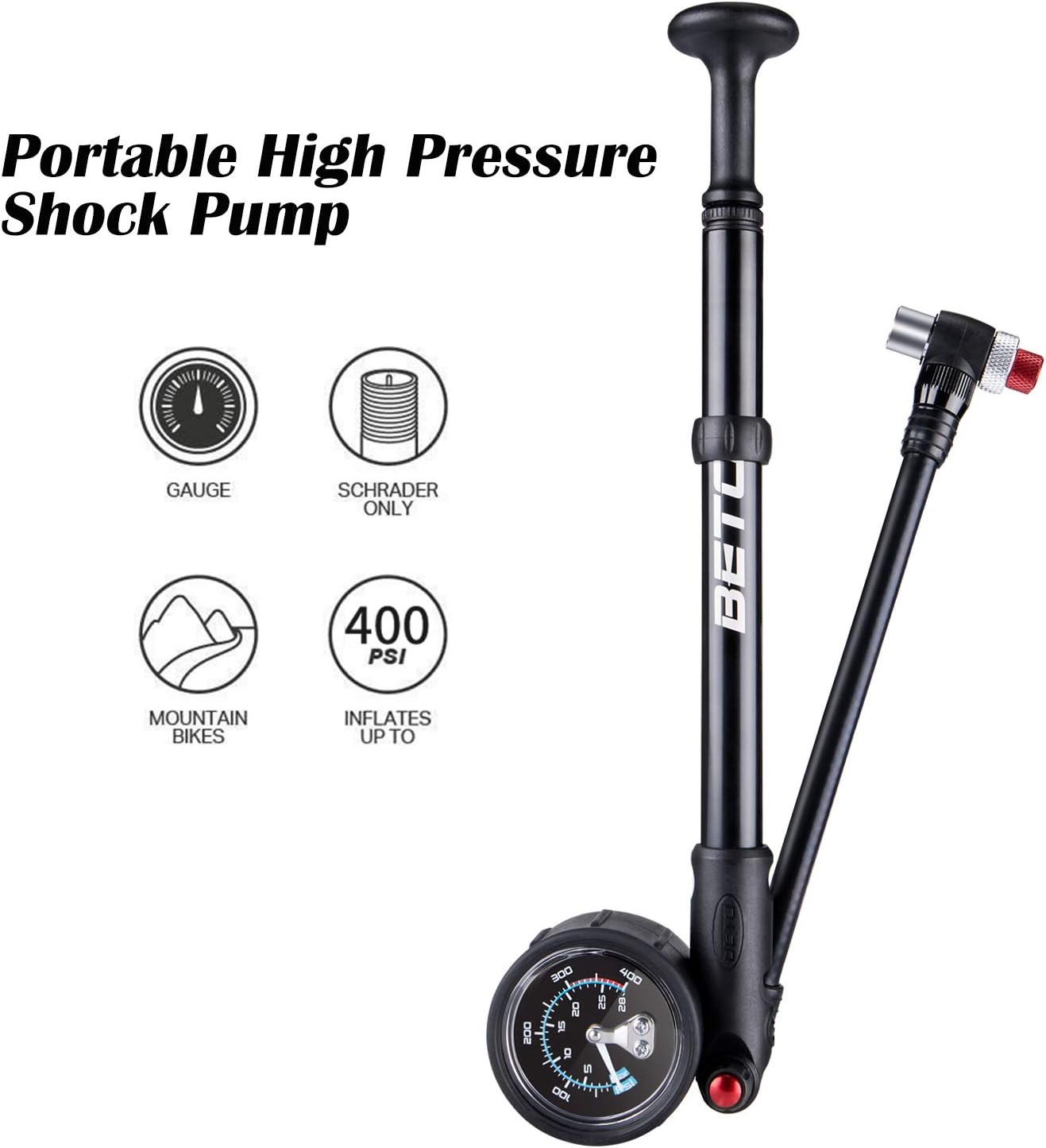 Detalle de Beto Pompe à chocs haute pression (jusqu’à 400 PSI) pour fourche et suspension arrière avec valve Schrader