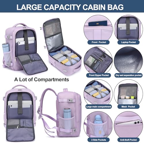 Thumbnail 3 de PUSLOM Mochila de cabina para avión 40x20x25 cm (20 L) con puerto USB y bolsillo antirrobo, lila