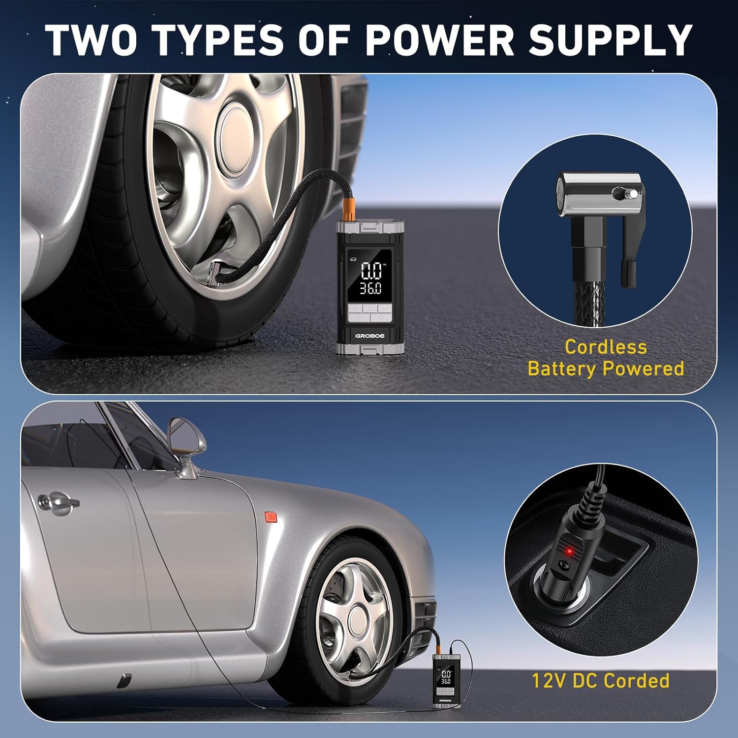 Thumbnail 3 de GROBOE Tyre Inflator Air Compressor: Portable 12V Cordless with Digital Gauge