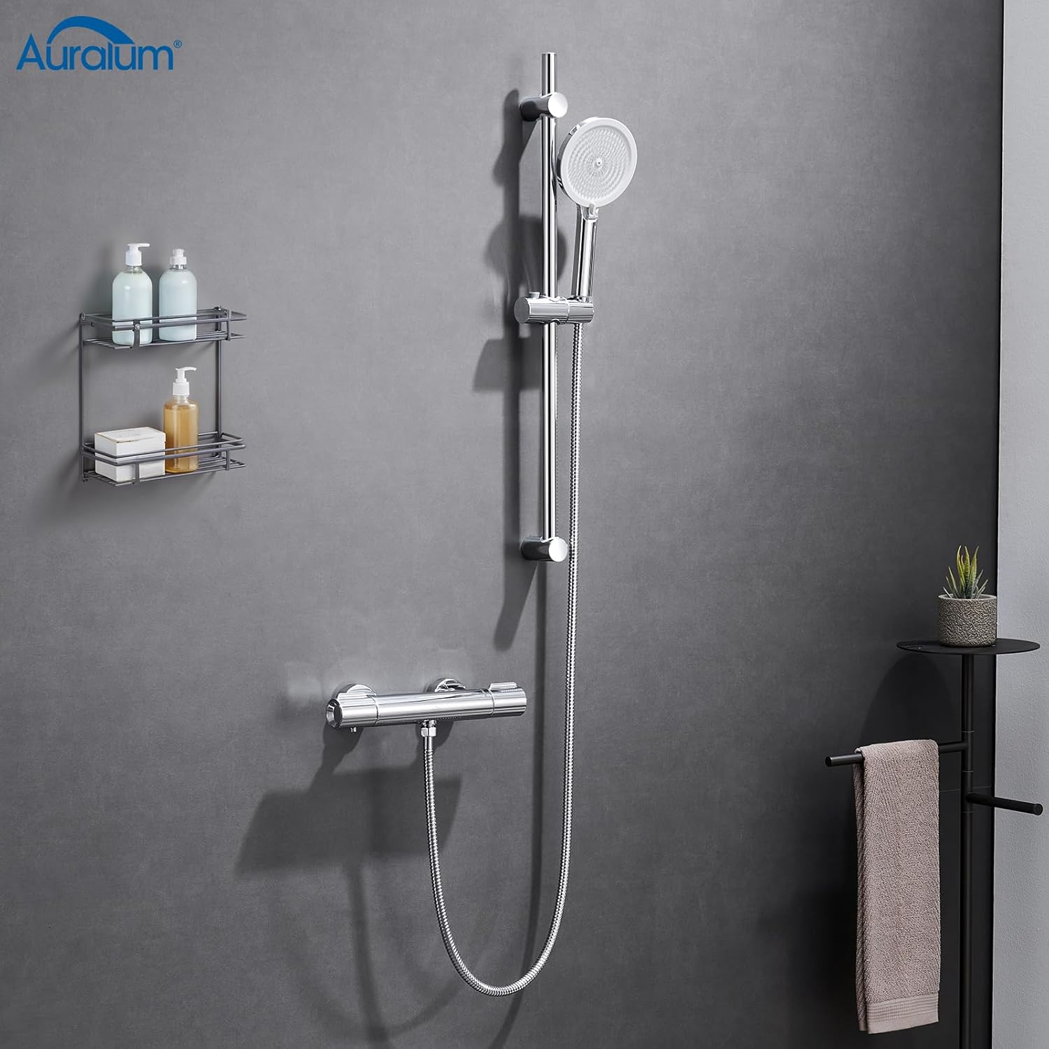 Thumbnail 1 de Auralum Barre de Douche avec Pommeau et Tuyau en Acier Inoxydable (70 cm / 150 cm) – Ensemble chromé