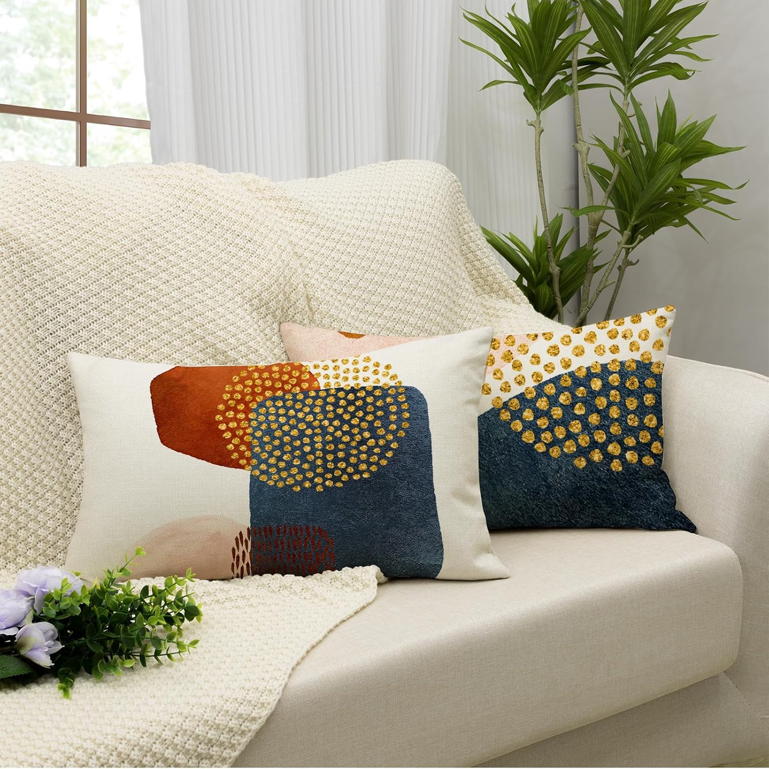Detalle 2 de YCOLL Lot de 4 housses de coussin 40x60 en lin style abstrait