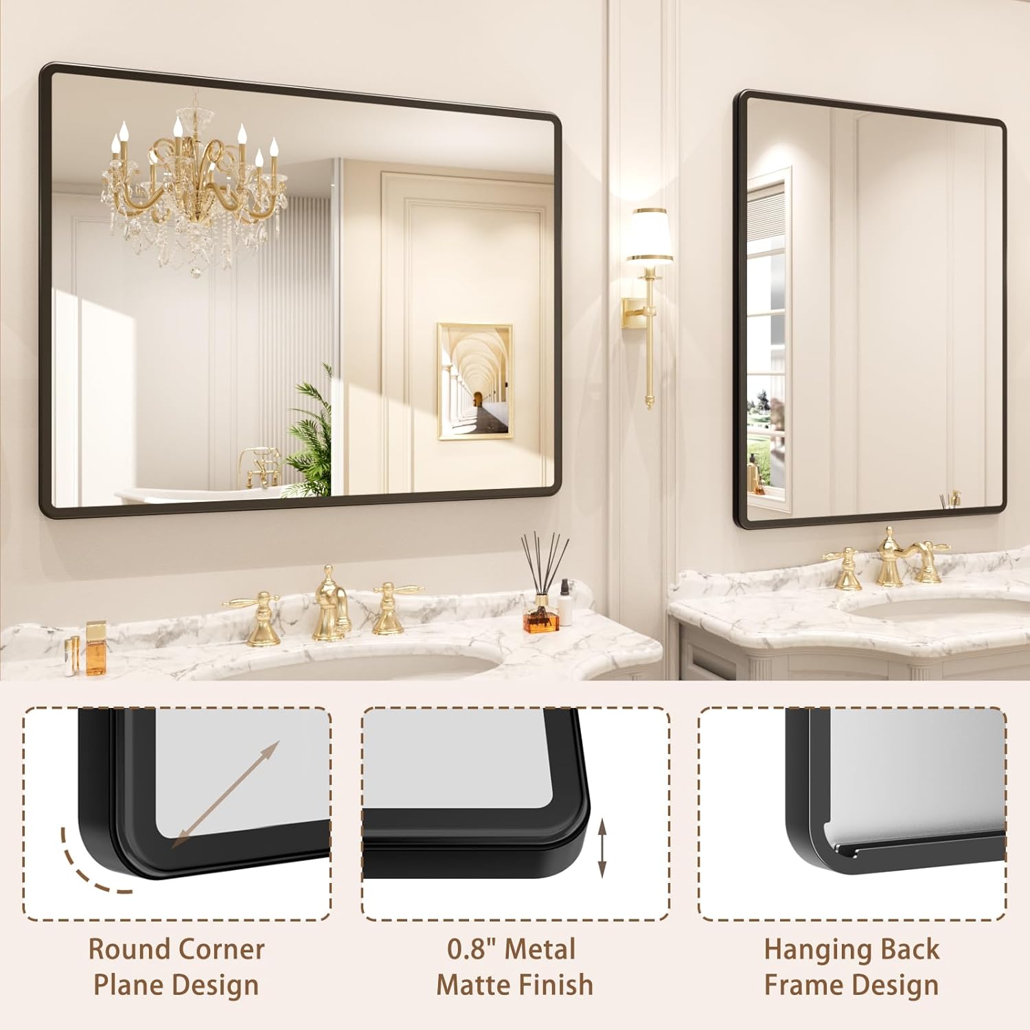 Thumbnail 2 de pertetey New Upgrade Bathroom Mirror 36x30 Black Metal Frame, Tempered Glass Wall Mounted Vanity Mirror