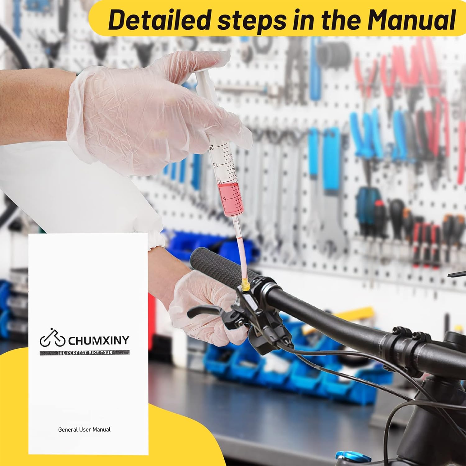 Detalle de CHUMXINY Brake Bleed Kit for Shimano, TEKTRO, MAGURA – 120ml Mineral Brake Fluid Included