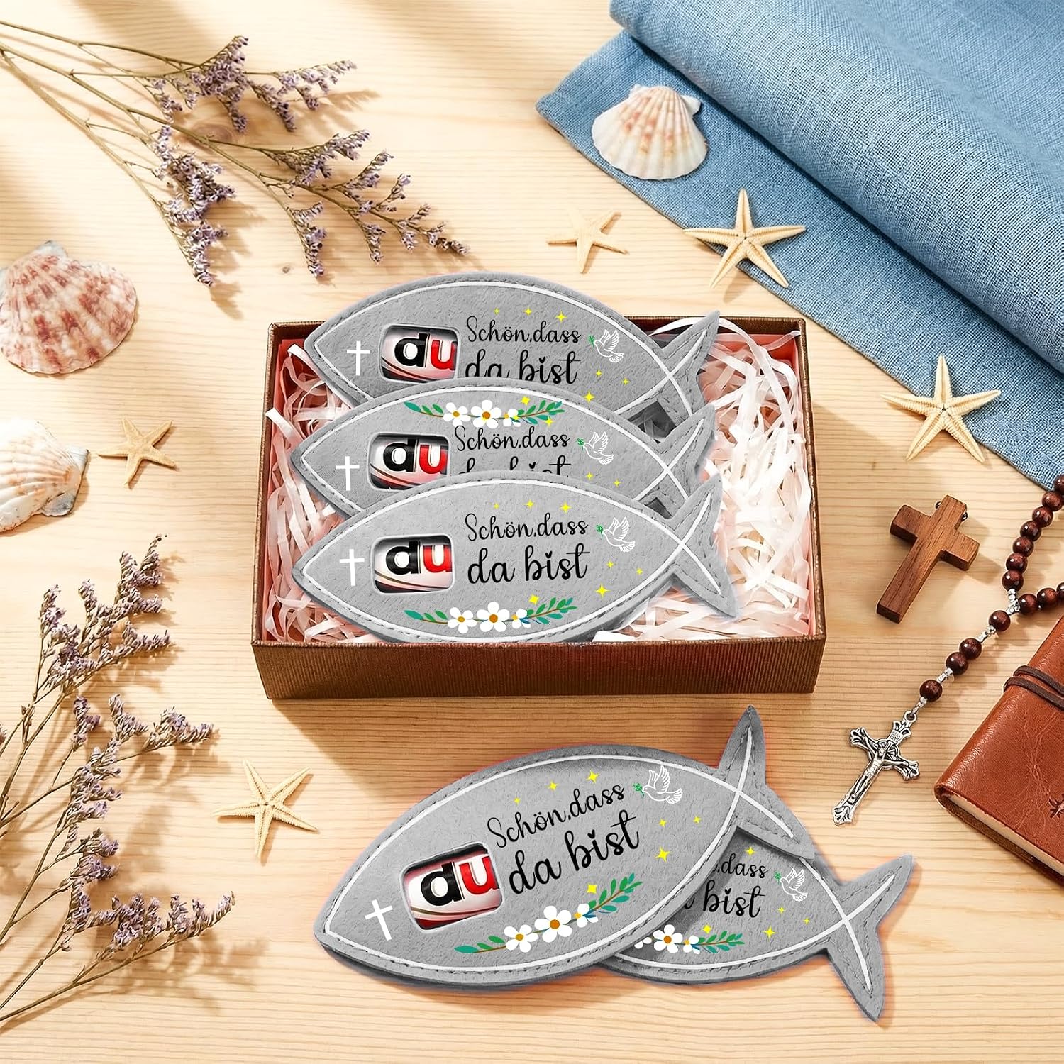 Detalle de Giftota 15 Pcs Gastgeschenke Kommunion – Filzverpackungen ohne Schokolade, Fisch-Duplo mit Dankeschön-Text