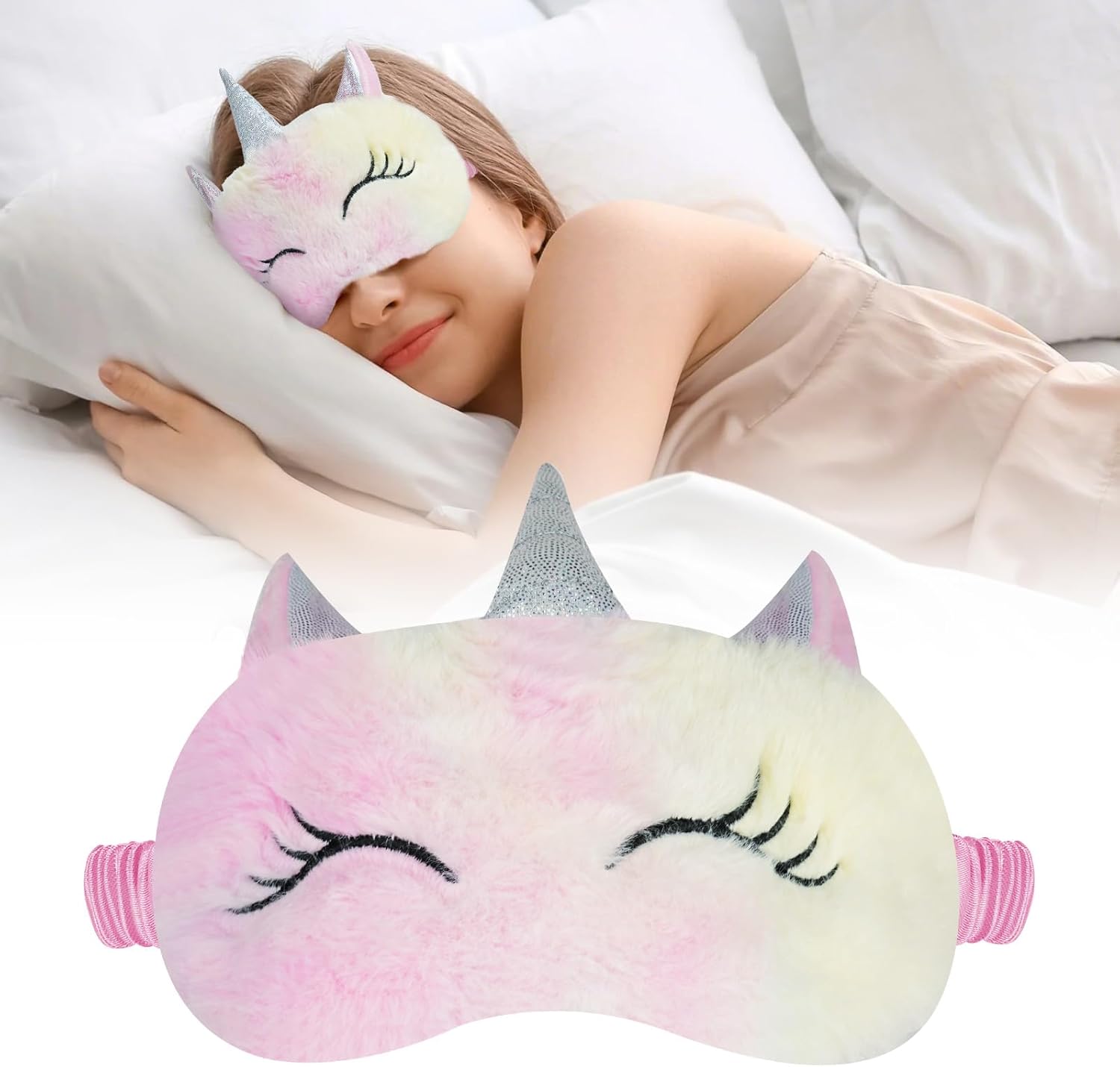 ACWOO Maschera per dormire unicorno 3D in peluche, copricapo eyeshade morbida e traspirante per bambini e adulti