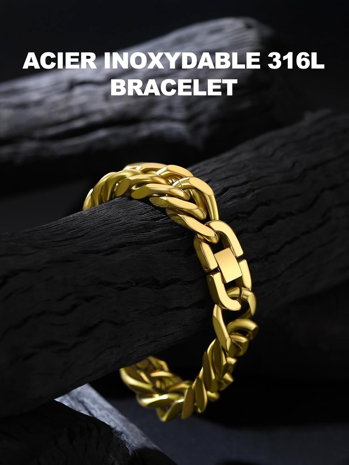 Thumbnail 3 de Bandmax Bracelet Cubain Homme acier inoxydable 316L plaqué or jaune – longueur 21 cm, style hip hop