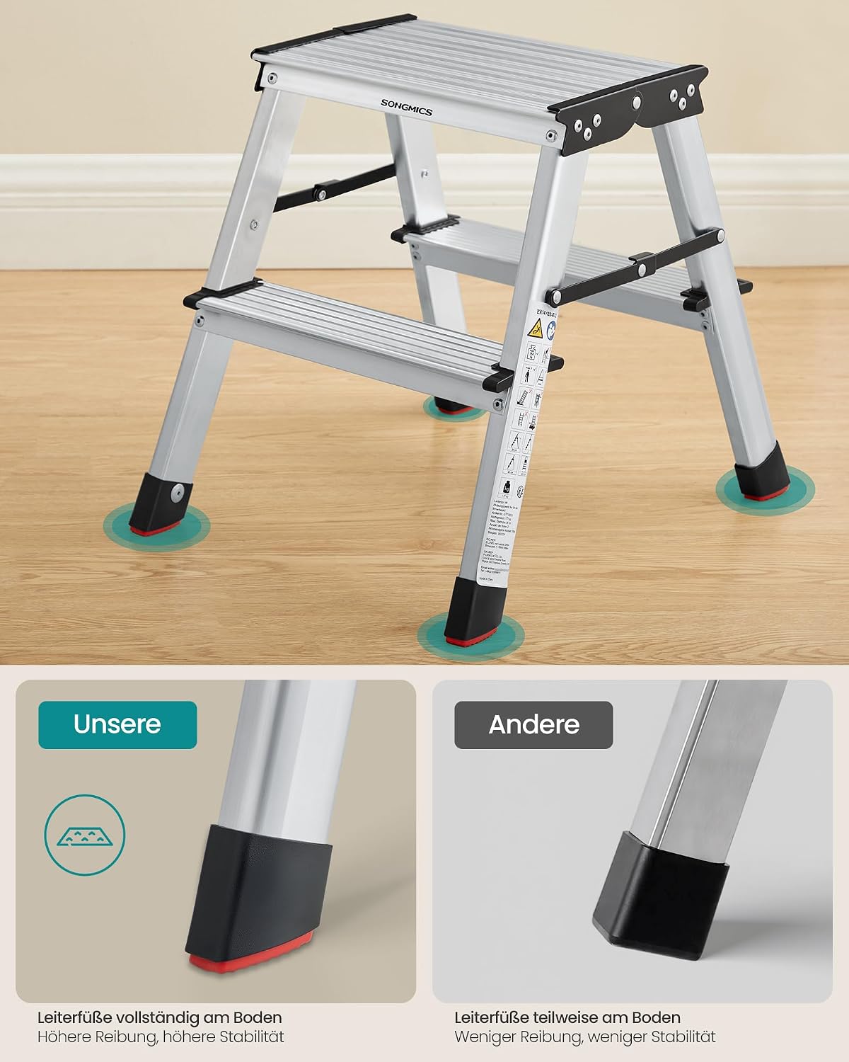 Detalle de SONGMICS GLT012E01 Alu-Trittleiter klappbar mit 2 rutschfesten Stufen, bis 150 kg, Stehleiter für Haushalt & Garten