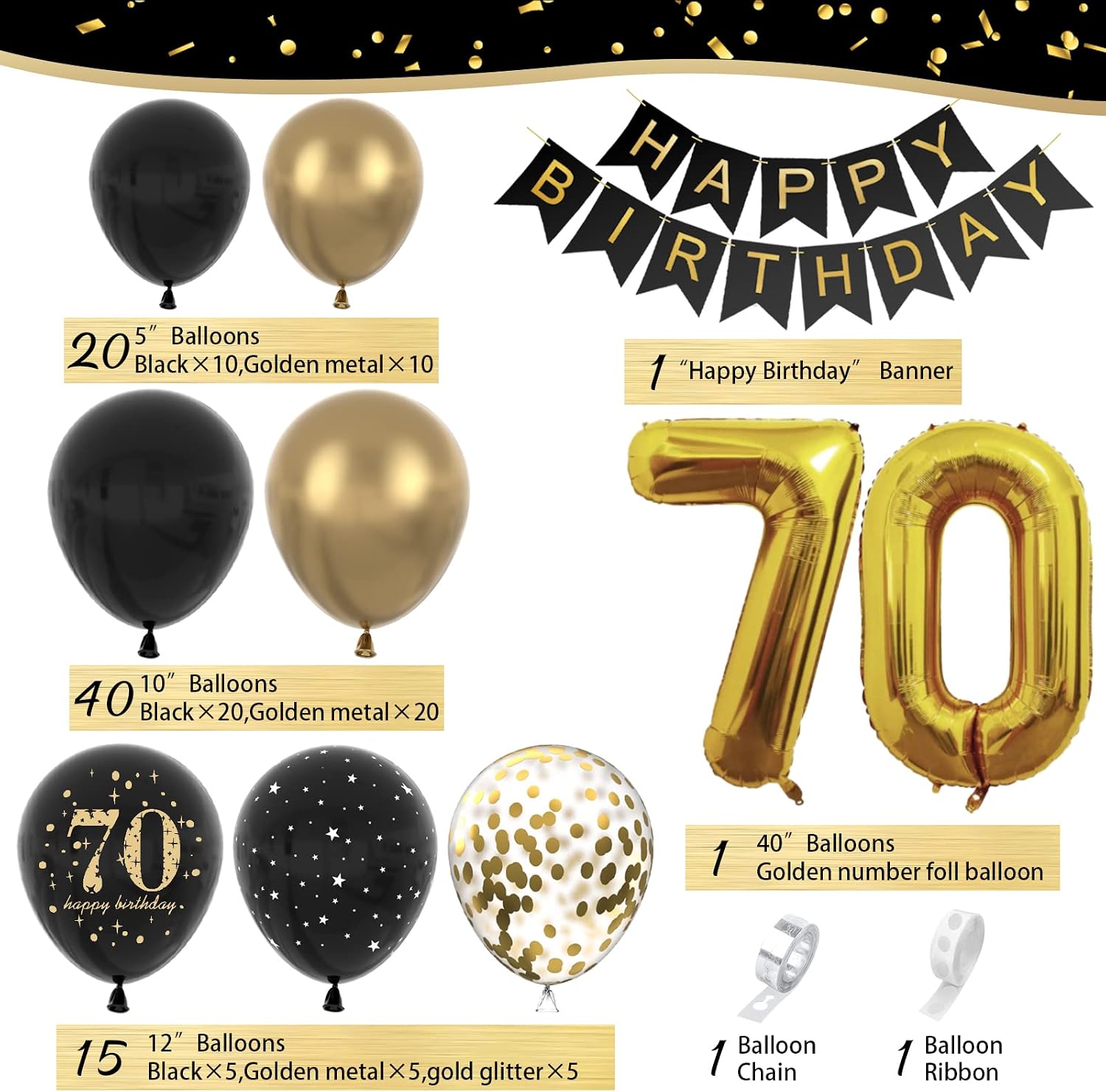Detalle de WINAROI 70 Geburtstag Deko-Set: Happy Birthday Girlande mit Ballons in Schwarz & Gold