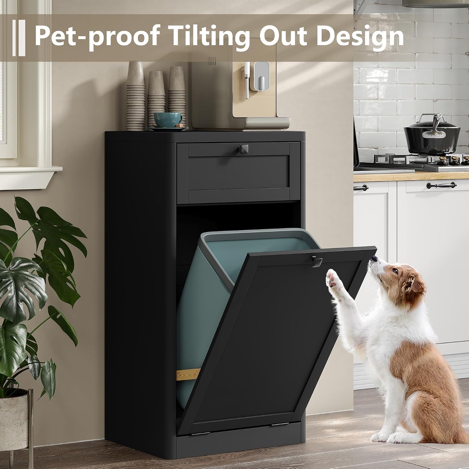 Thumbnail 4 de Furniouse 13-Gallon Tilt-Out Trash Cabinet with Drawer, Black Engineered Wood
