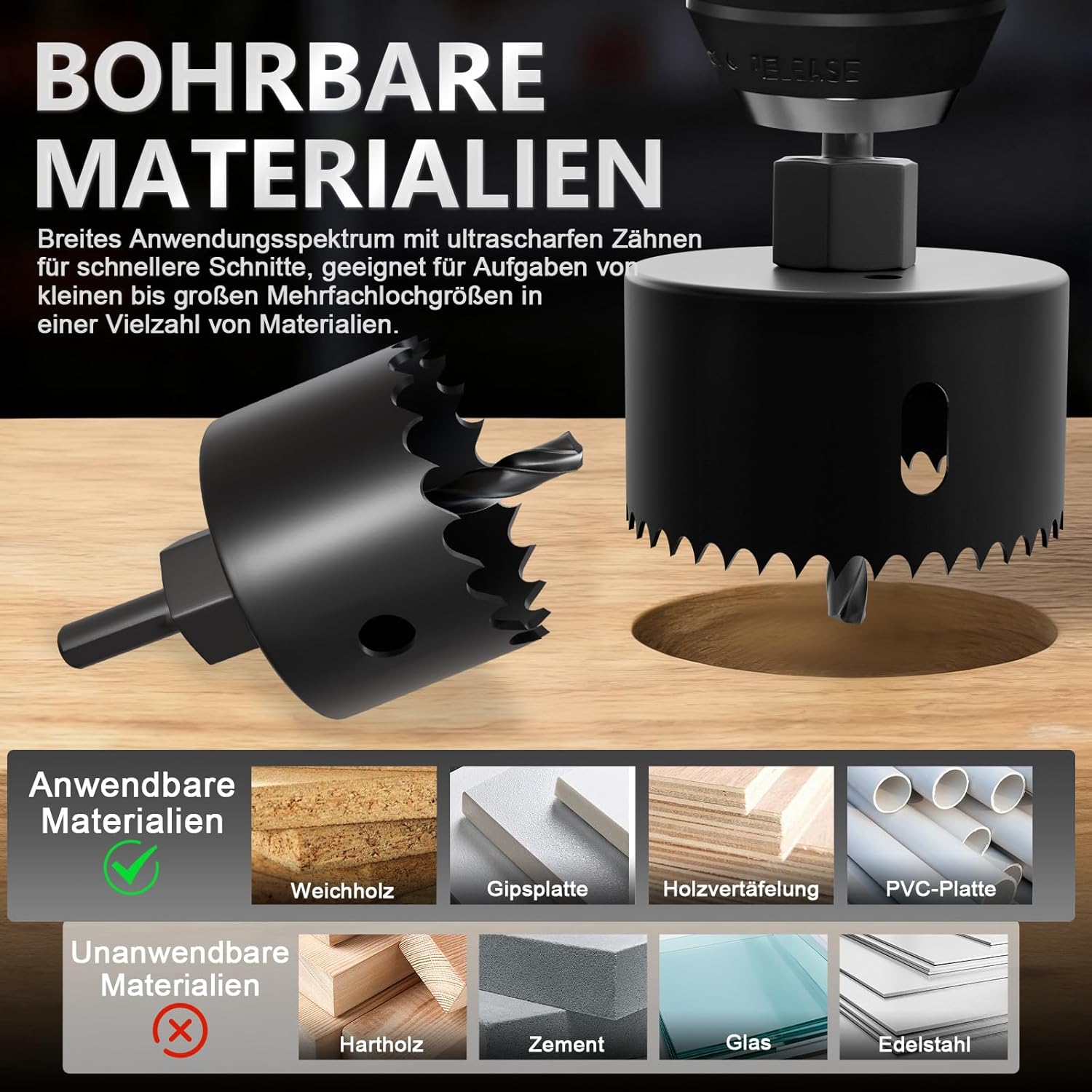 Thumbnail 3 de METOTY 9-teiliges Bi-Metall Lochsäge-Set (25–51 mm) für Holz, Gipskarton & Kunststoff