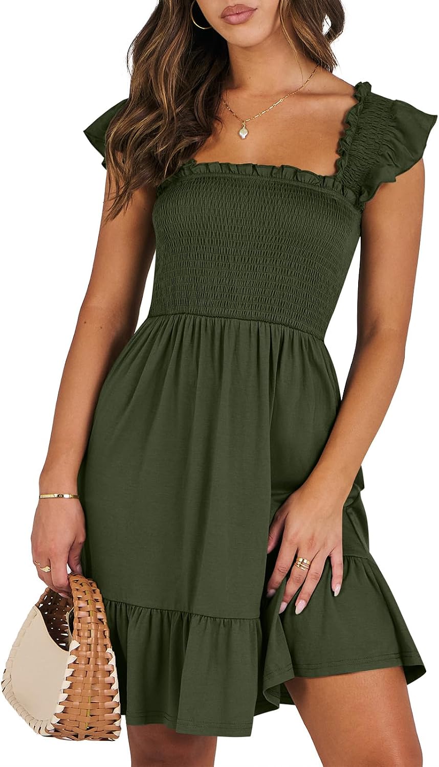 Detalle de ANRABESS Women's Summer Sleeveless Square Neck Dress - Smocked Backless Boho Sundress