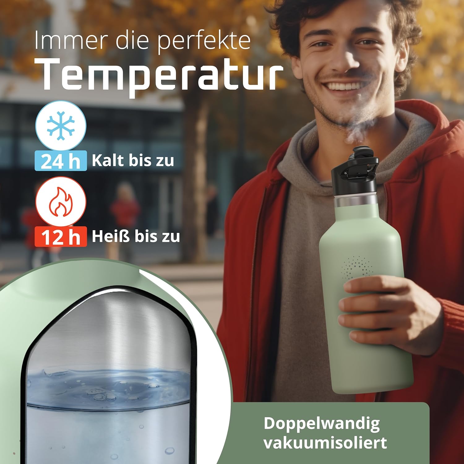 Thumbnail 3 de Edelstahl-Trinkflasche mit Strohhalm, Infuser & 3 Deckeln – für Sport, Fahrrad und unterwegs