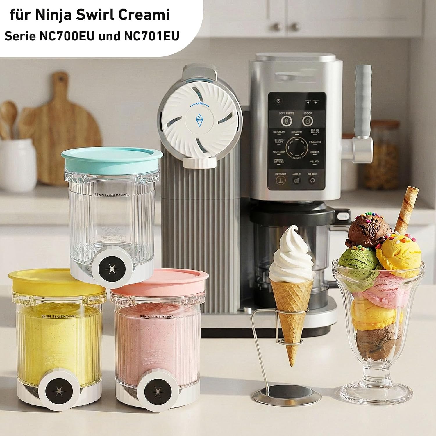 Detalle de 2er-Set Behälter & Zubehör für Ninja CREAMi NC700/NC701 – Grau/Blau