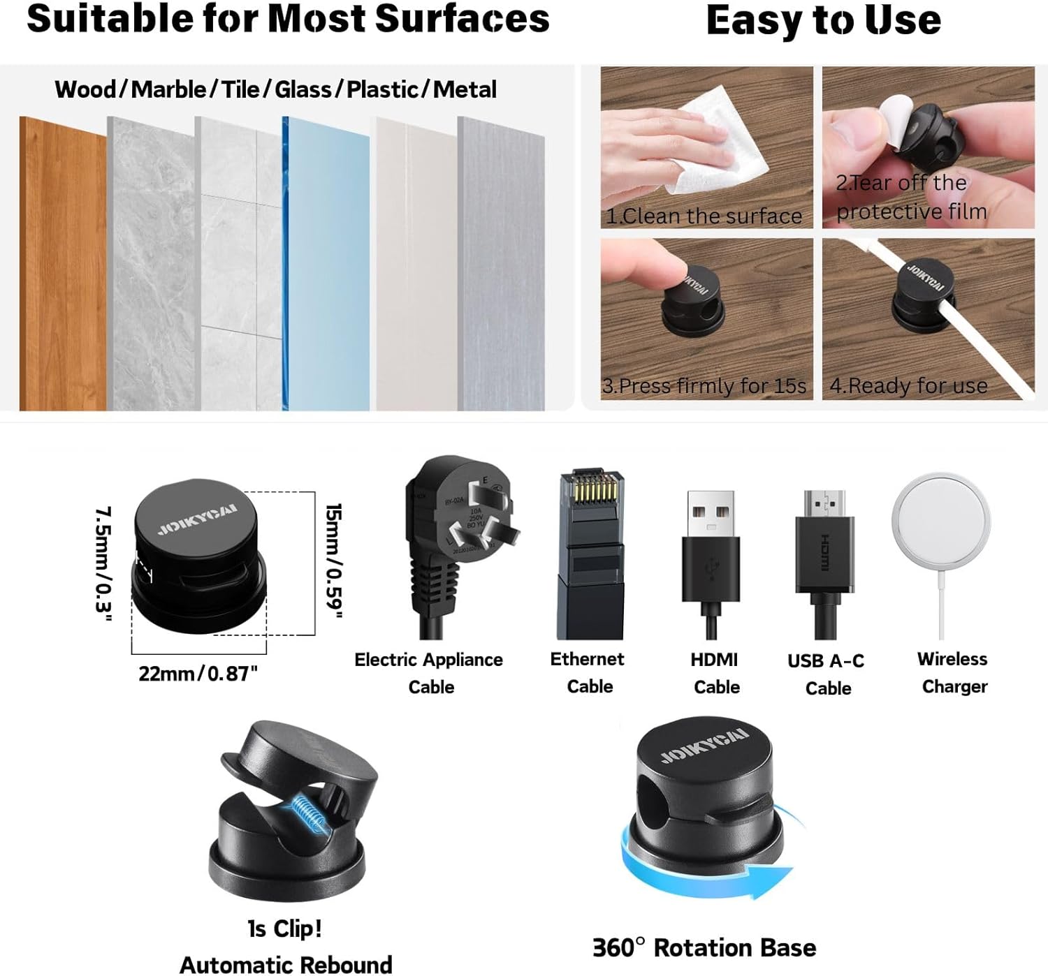 Thumbnail 2 de Cable Clips, Cord Organizer with 360° Swivel and Cable Protector – Self-Return Desk Clip for Type-C & Lightning Cables, Black