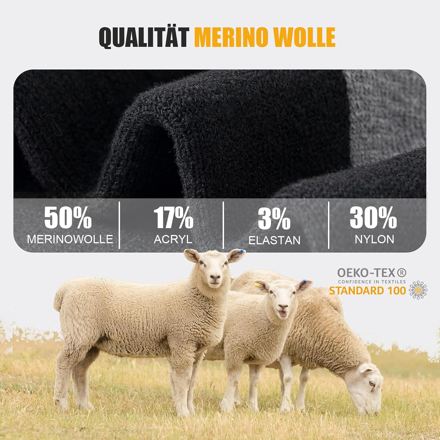 Detalle de Stoeury Merino Socken Herren Damen – Dicke Wandersocken mit gepolsterter Anti-Blasen-Wollsocke, 3 Paar