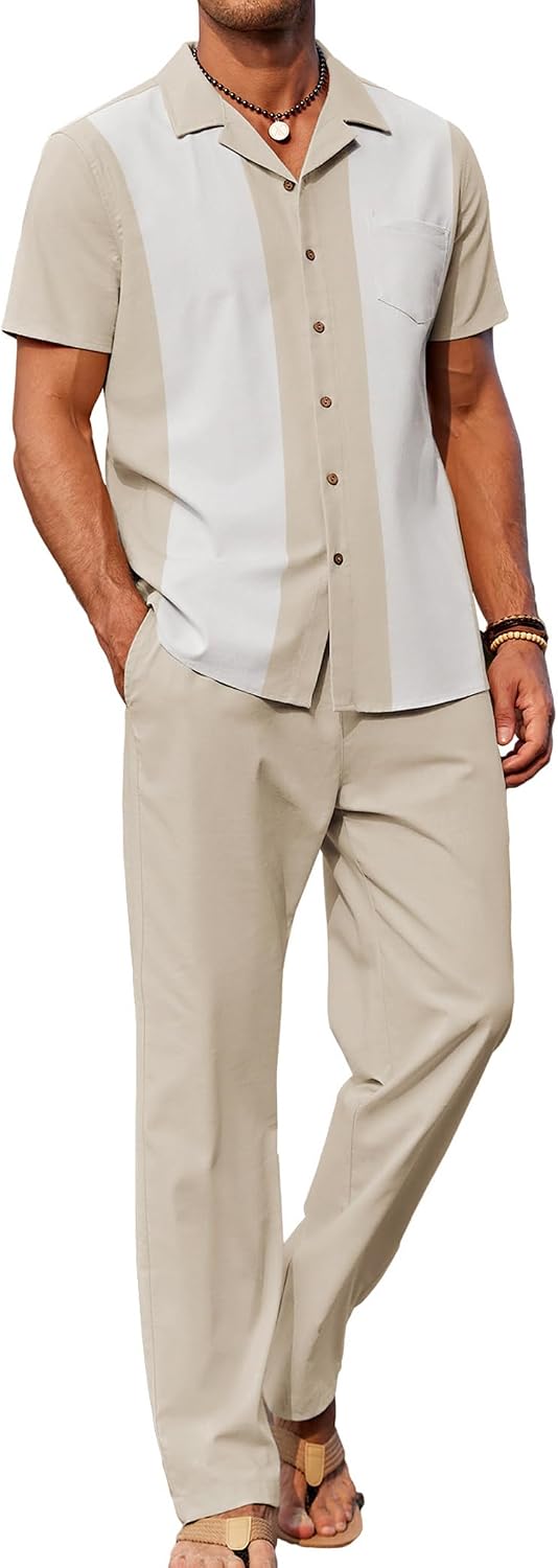 Detalle de COOFANDY Men 2 Piece Linen Outfit: Beach Button-Down Shirt & Loose Pant Set